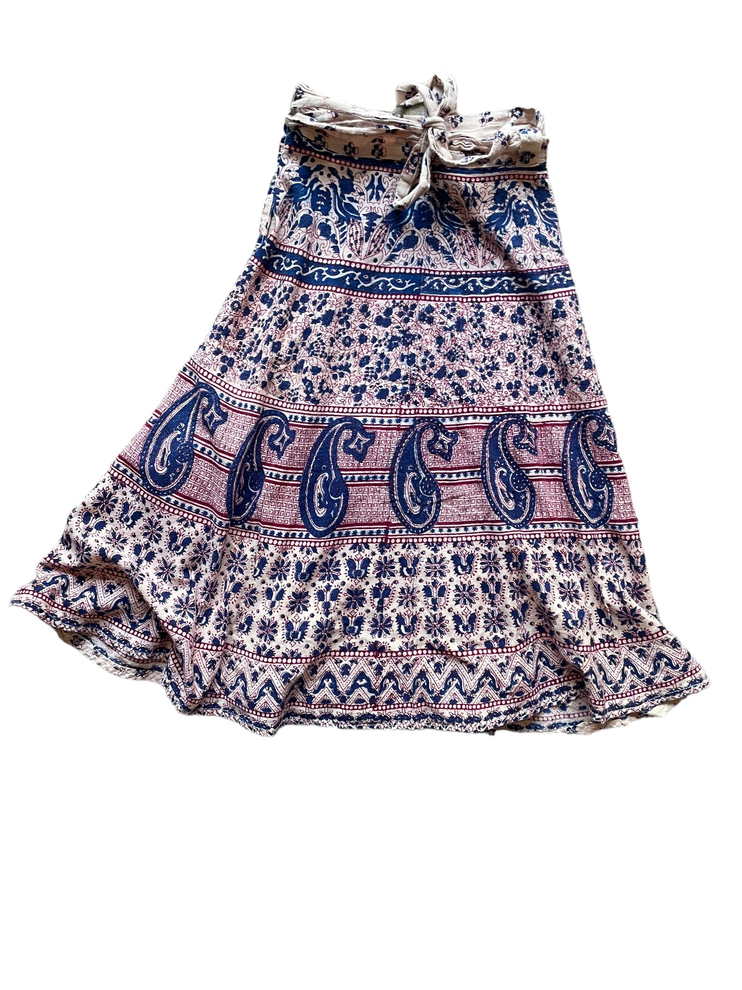 Full front view of Vintage 1970s Indian Cotton Midi Wrap Skirt SZ S-L | Barn Owl Seattle Vintage | Ladies Vintage Clothing