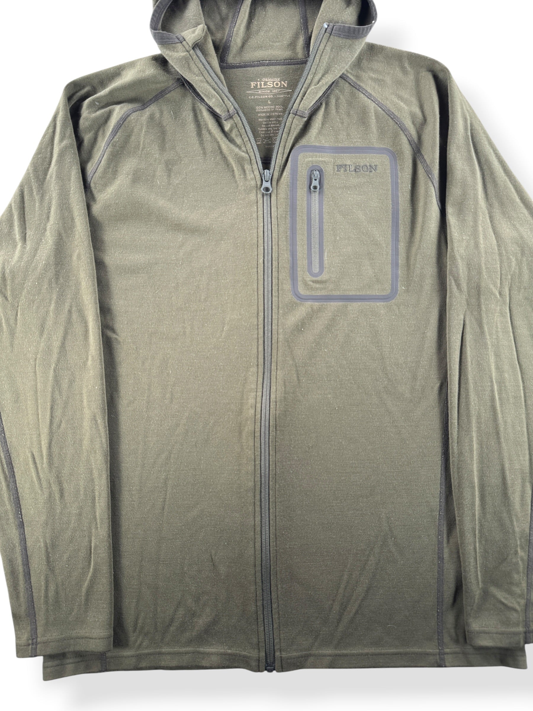 Front Close Up of Filson Merino Wool Hoodie SZ L