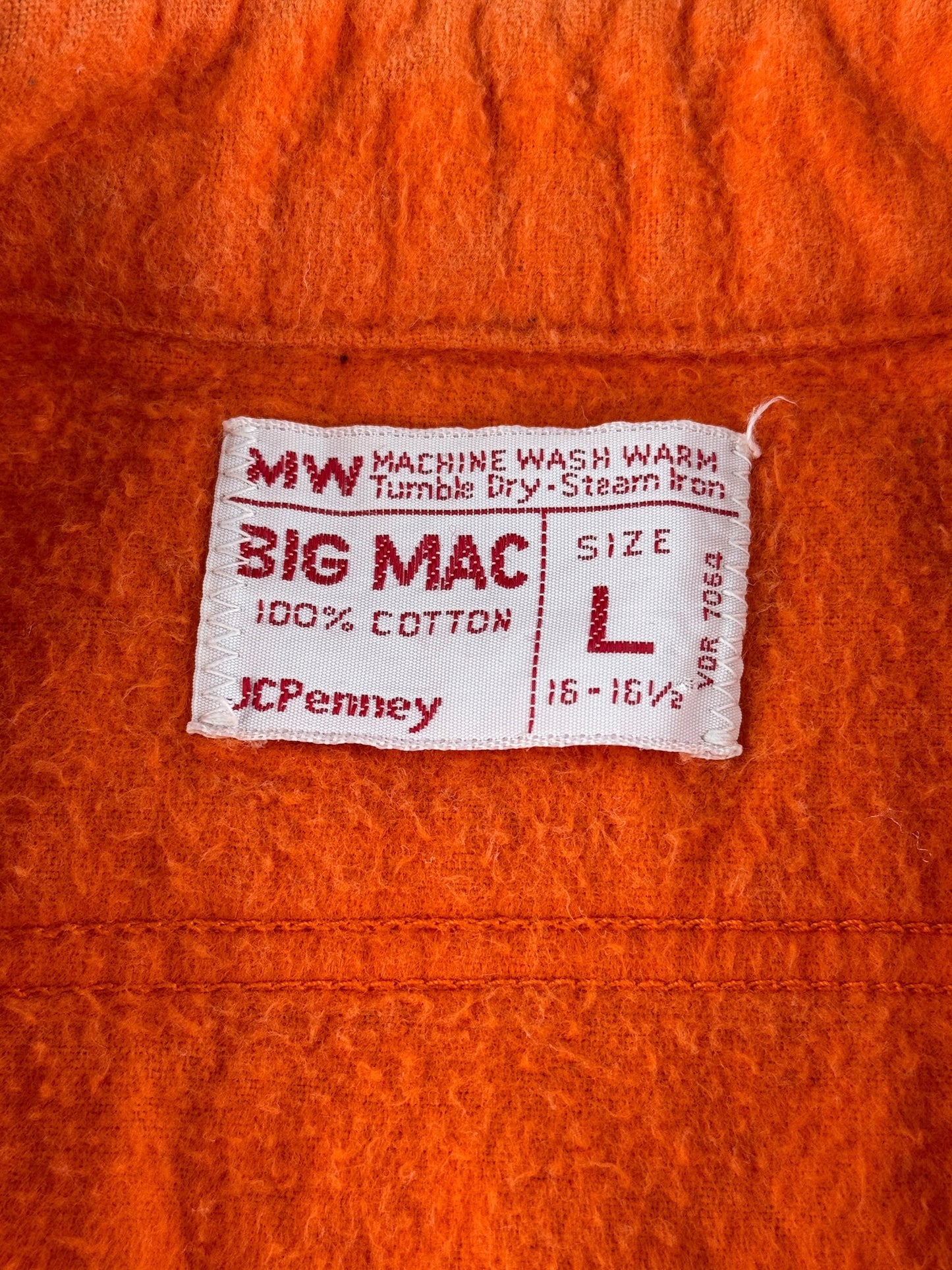 Tag on Vintage 1980s Big Mac Orange Chamois Cloth Shirt SZ L