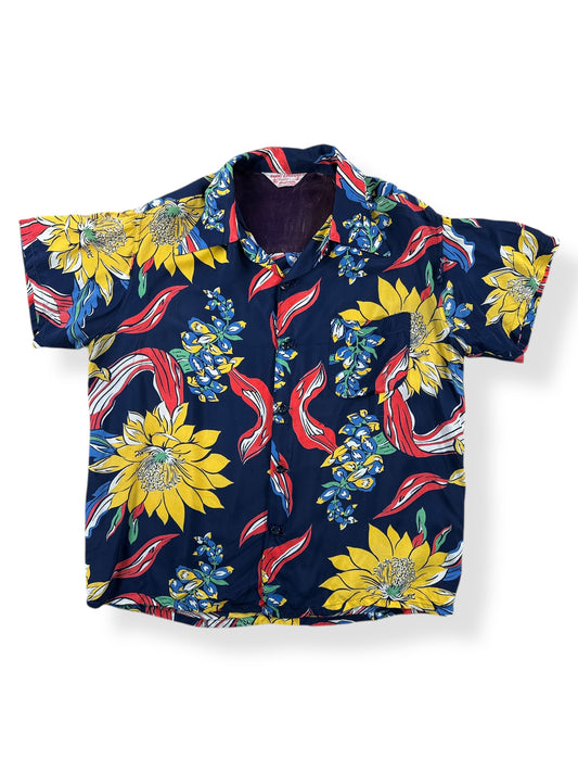 Front of Vintage Navy Blue Floral Aloha Shirt SZ L AS IS