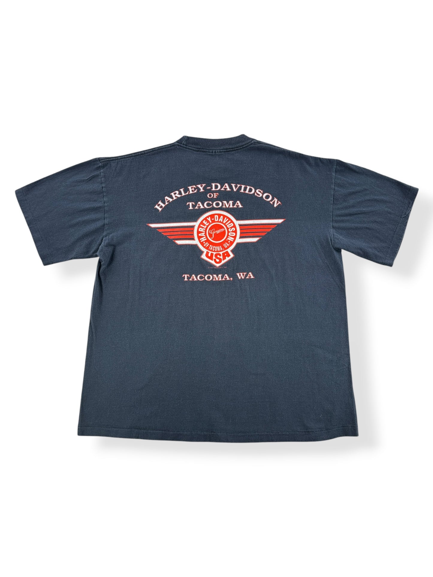 Back of Vintage Harley Davidson of Tacoma Single Stitch Pocket Tee SZ XL