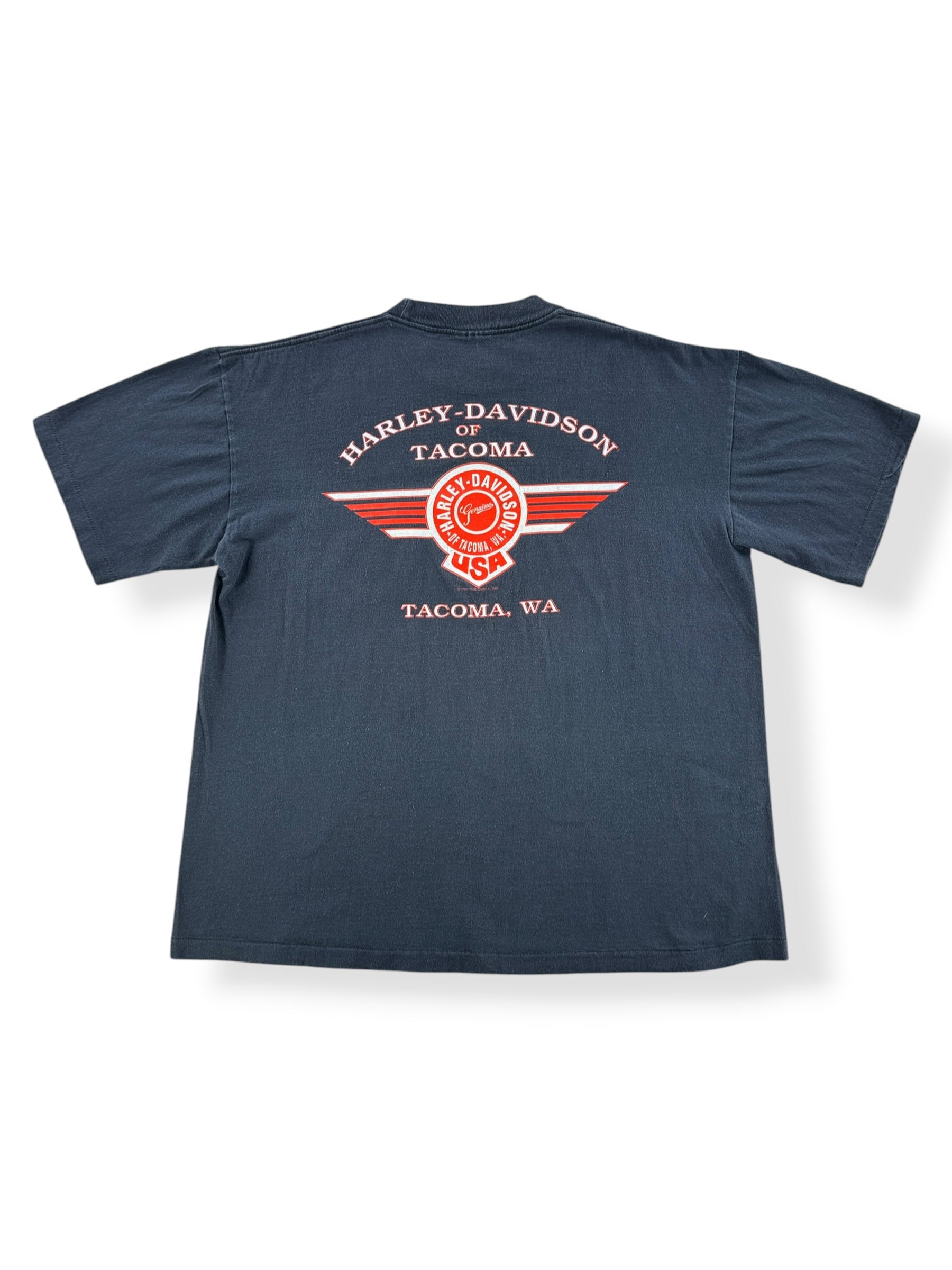Back of Vintage Harley Davidson of Tacoma Single Stitch Pocket Tee SZ XL