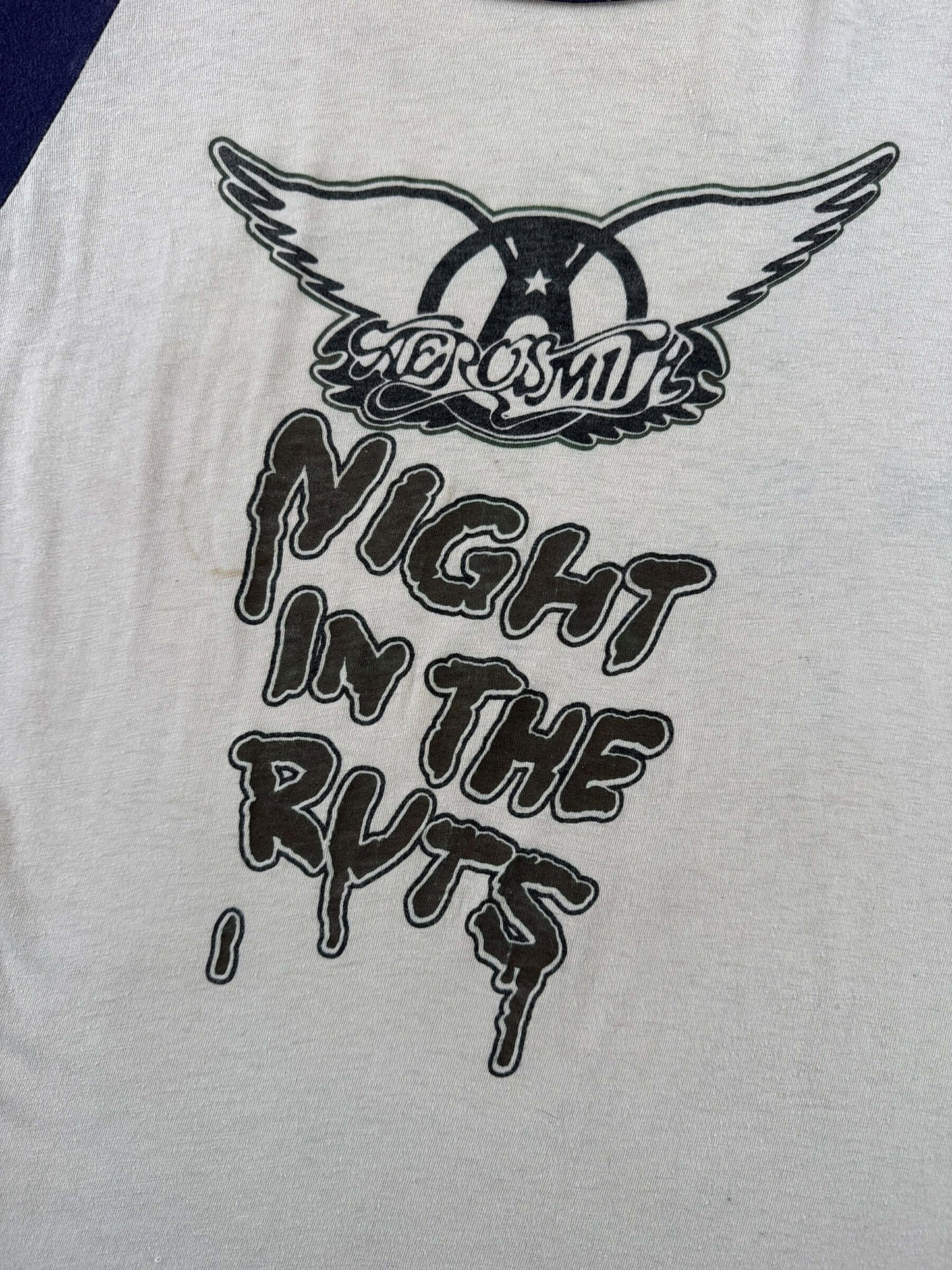 Graphic of Vintage Aerosmith Right in the Nuts Raglan Tee SZ XL (Fits M)
