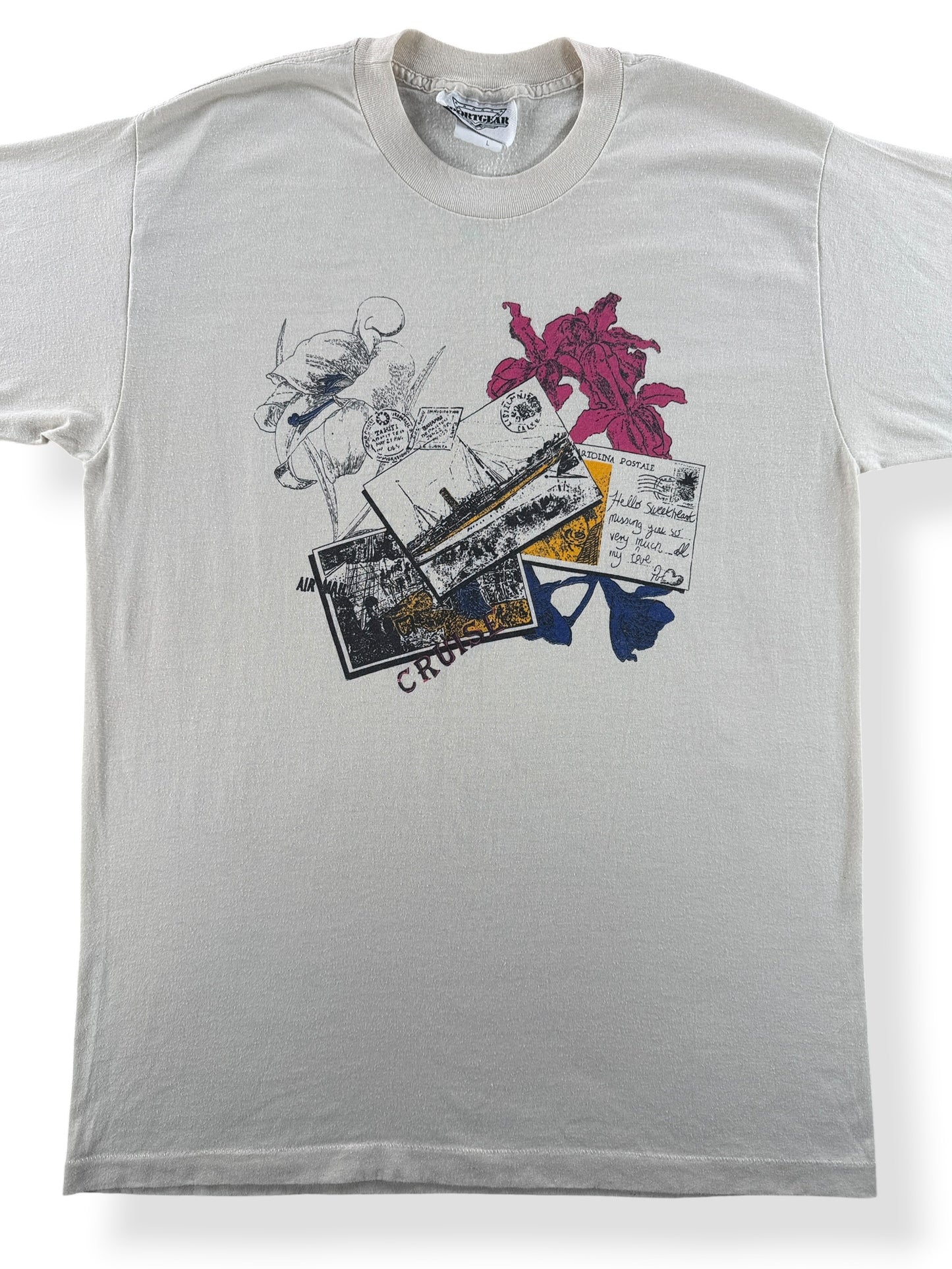 Front Close Up of Vintage Tahiti Postcard Tee SZ L (Fits M)