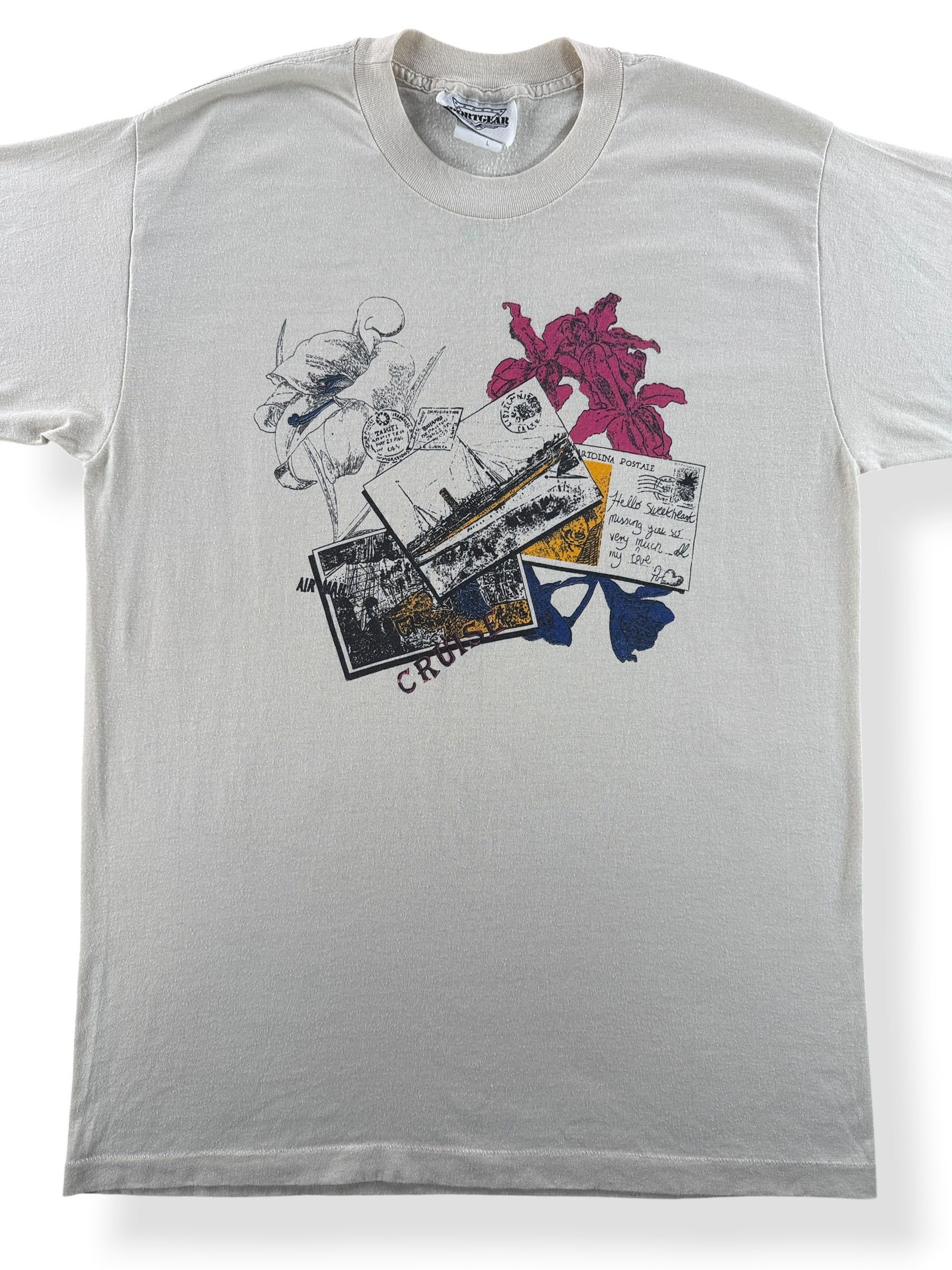 Front Close Up of Vintage Tahiti Postcard Tee SZ L (Fits M)