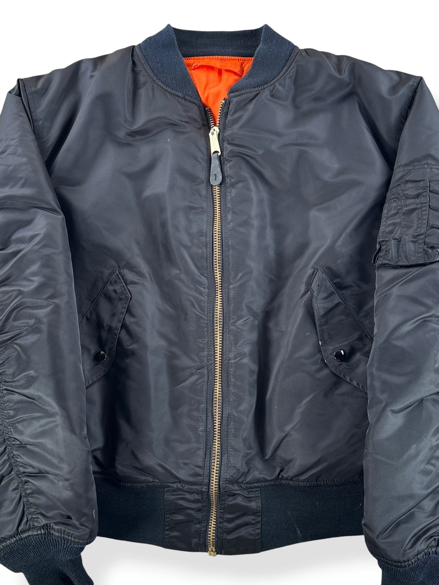 Front Close Up of Black Alpha Industries MA-1 Bomber Jacket SZ XXL