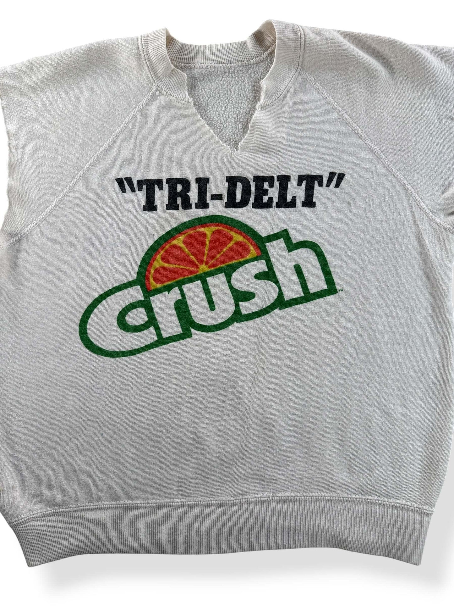 Front Close Up of Vintage Tri-Delt Crush Cut Off Crewneck SZ S