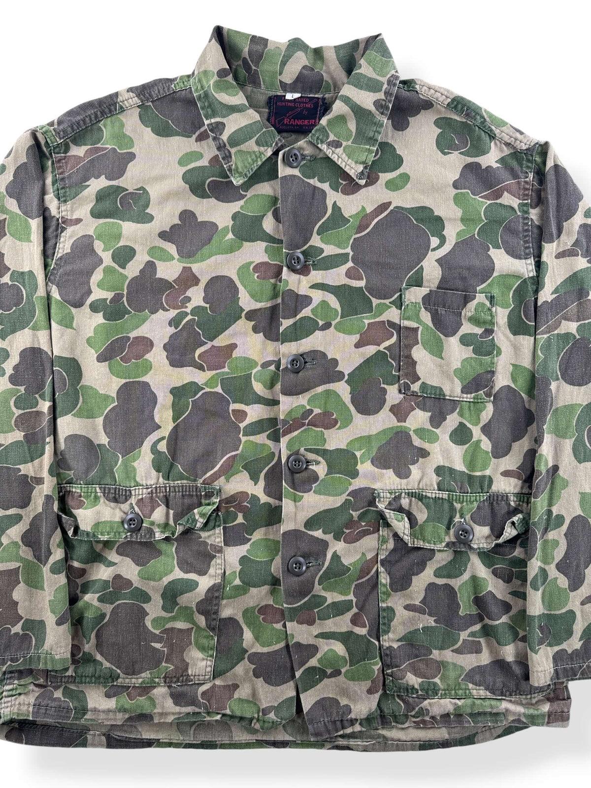 Close-up of Vintage 1970s Ranger Camo Chore Jacket Z L