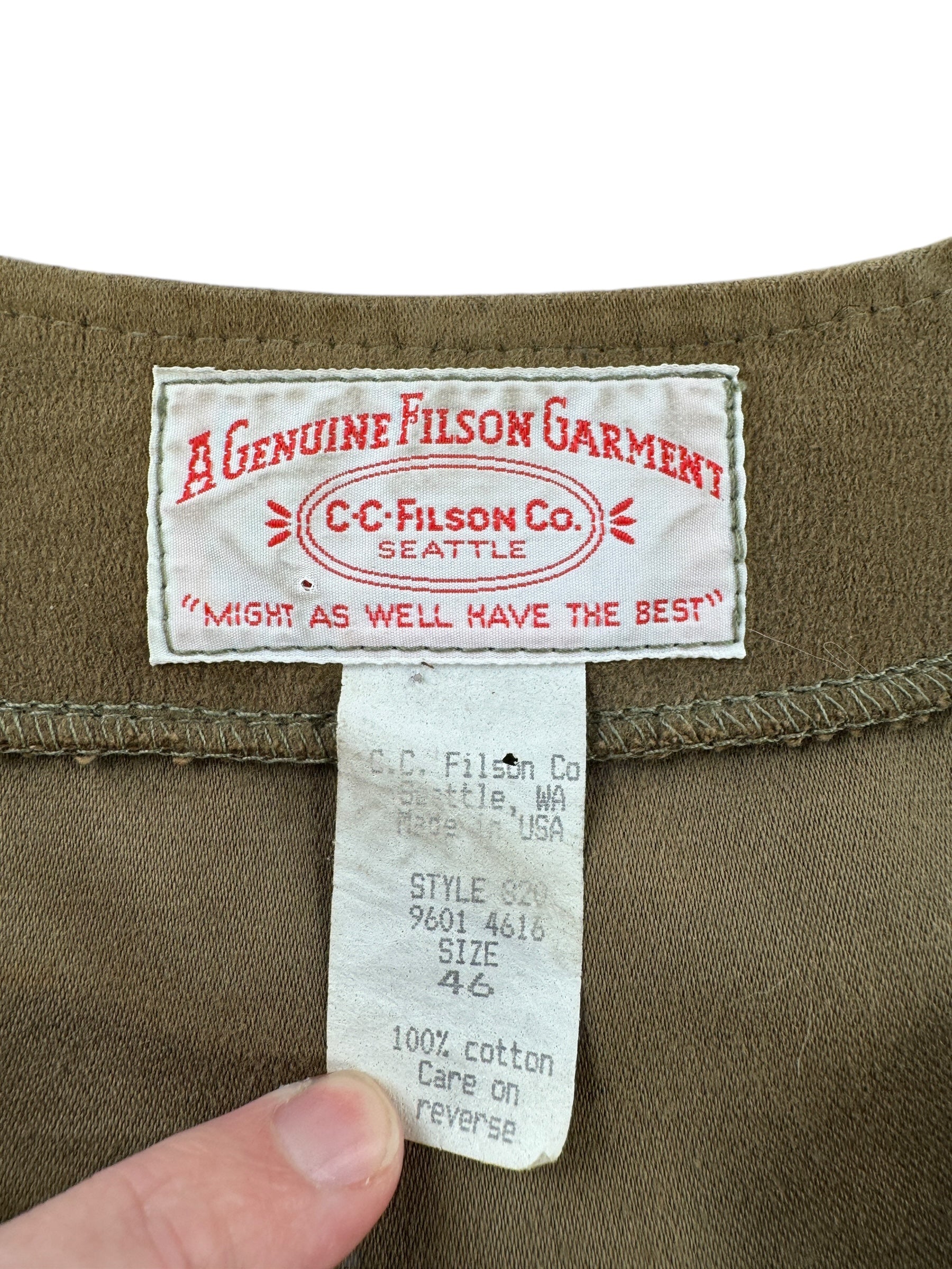 Tag on Vintage Filson Moleskin Vest SZ 46