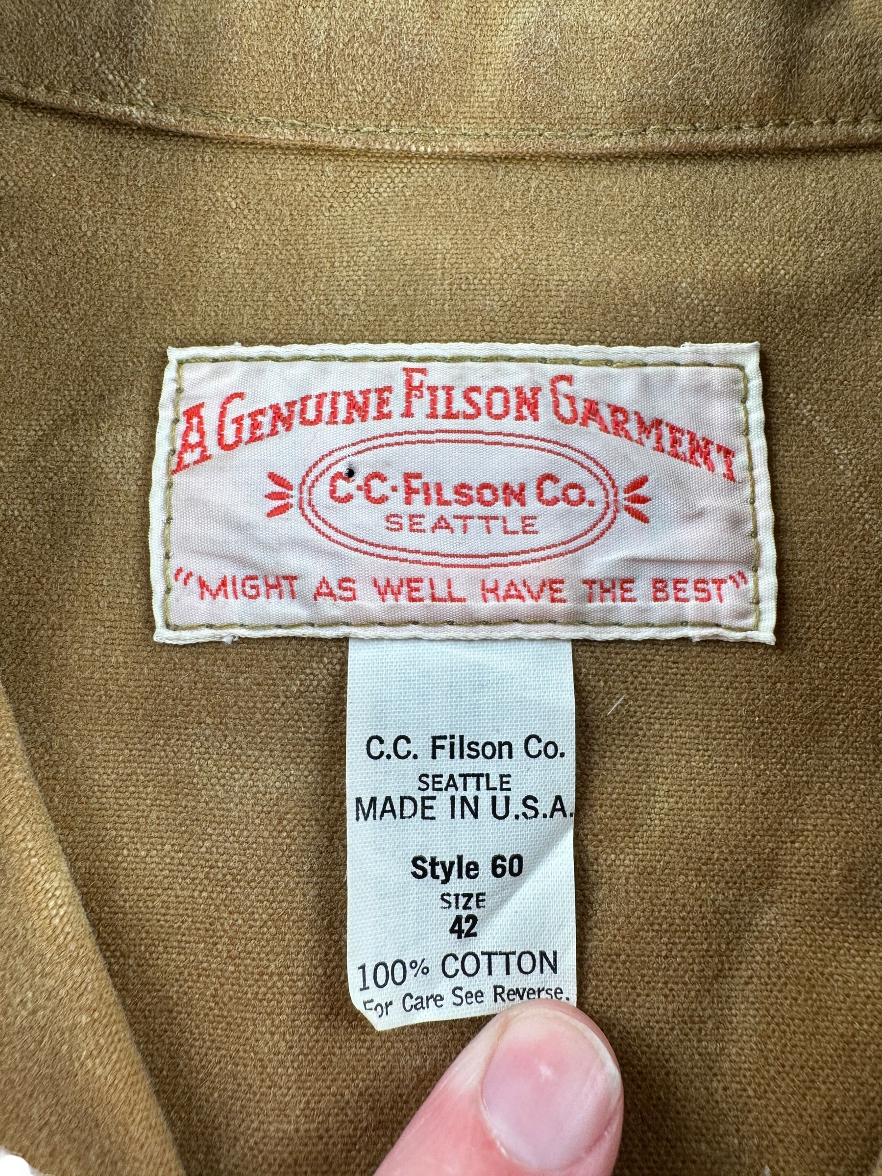Tag on Vintage NOS Filson Tin Cloth Cruiser SZ 42