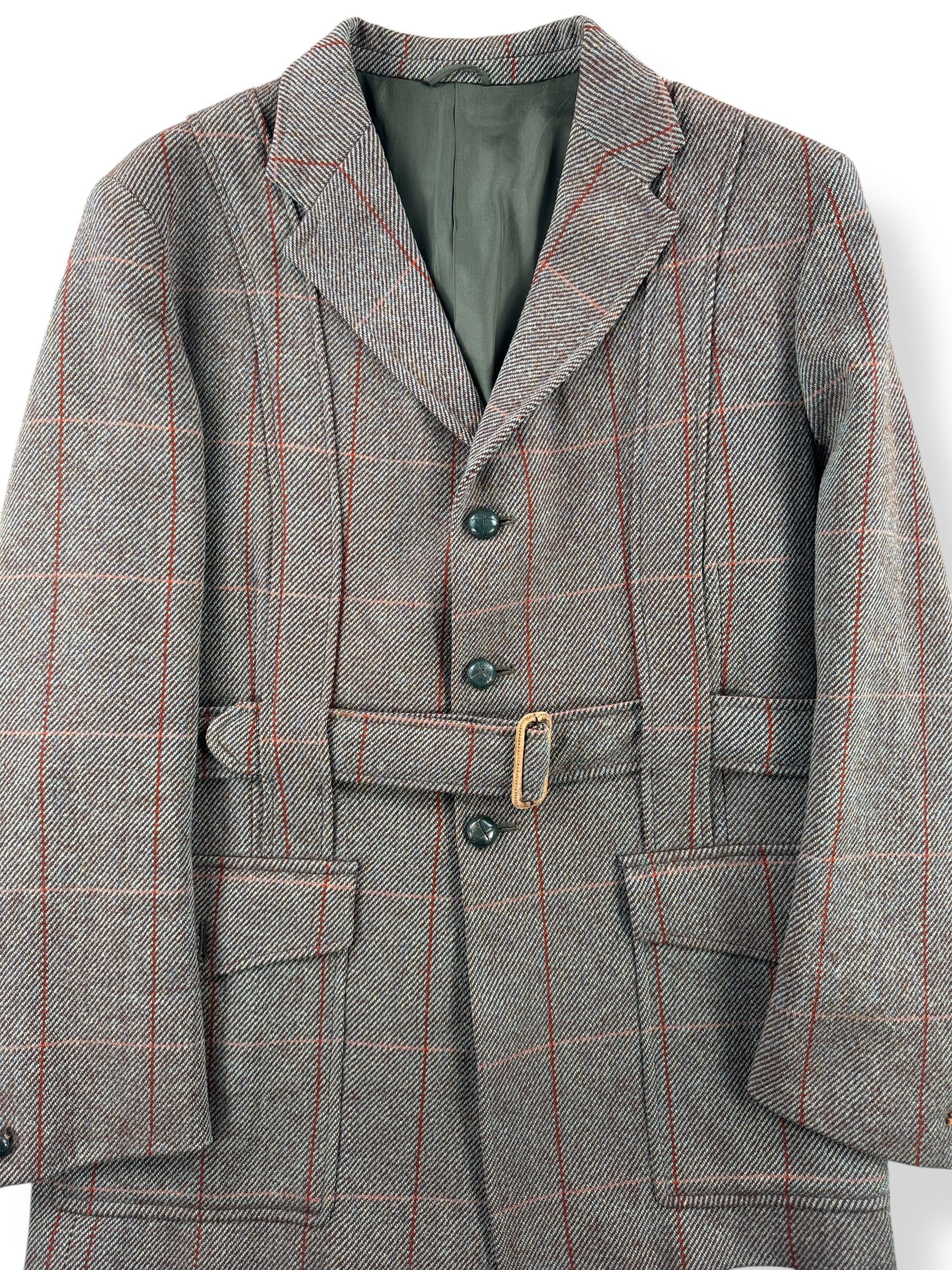 Front Close Up of Vintage P & J Haggart Scottish Woolen Belted Hunting Jacket SZ M