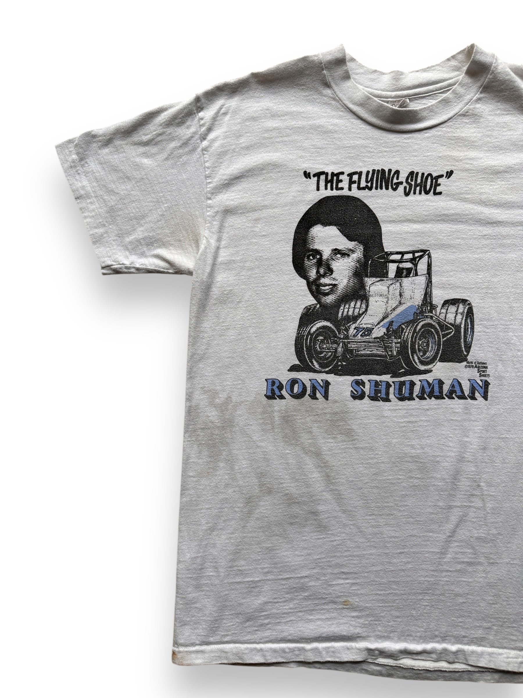front right of Vintage 1979 "The Flying Shoe" Racing Tee SZ M-L