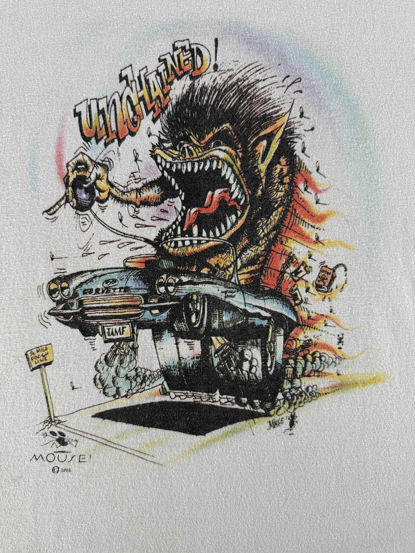 Front Graphic of Vintage Stanley Mouse Unchained Racing Tee SZ XL
