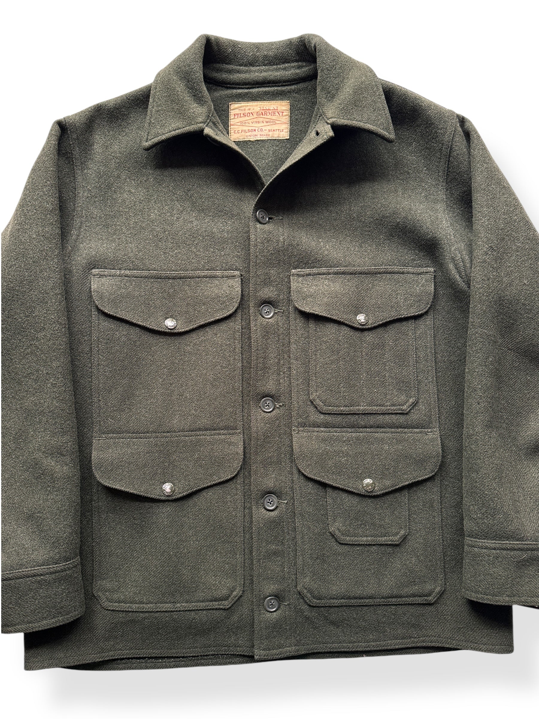 Front Close Up of Vintage Filson Union Made Forest Green Cruiser SZ XL