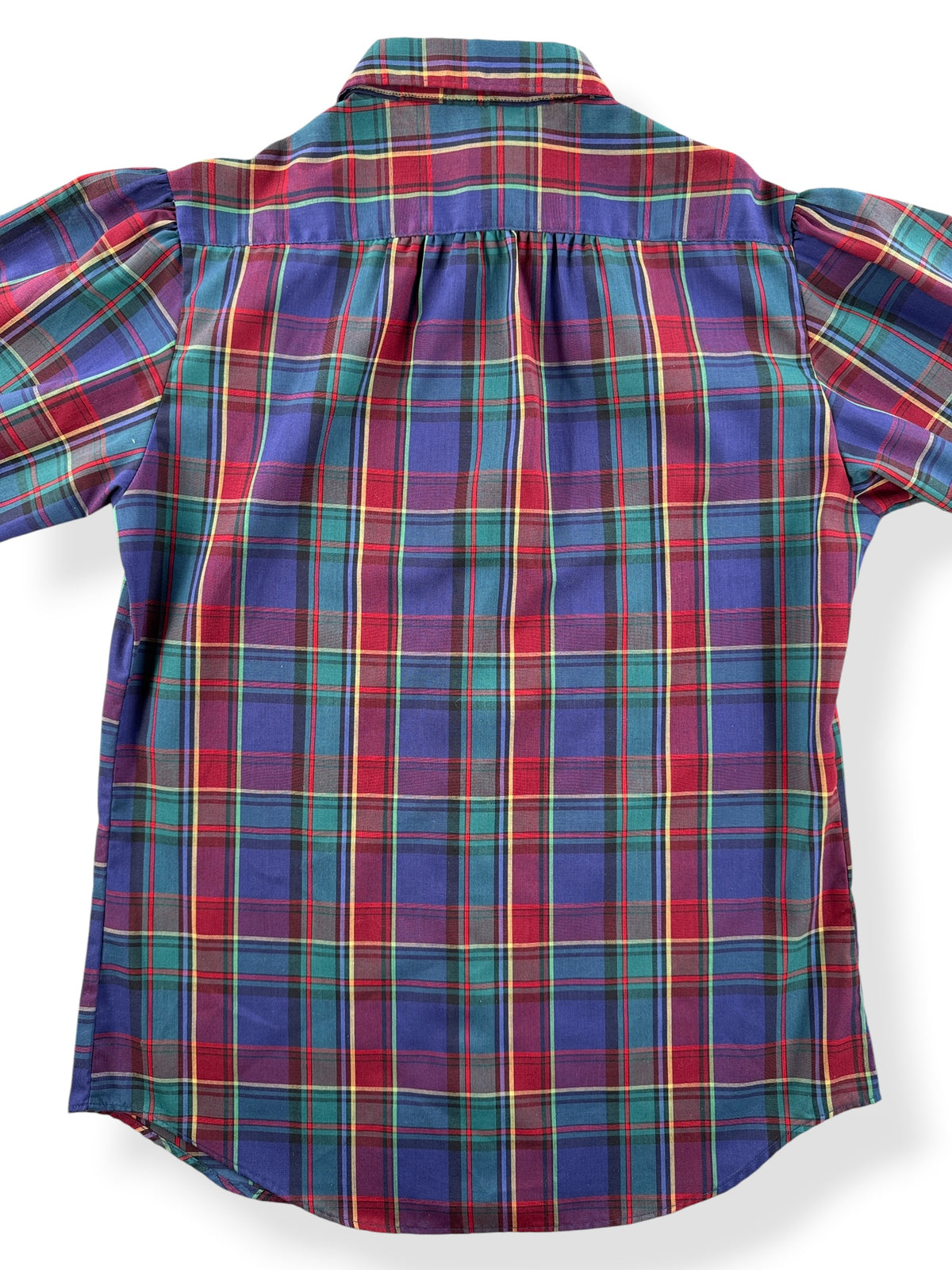Close-up of back of Vintage Cheryl Tiegs Plaid Puff Sleeve Blouse SZ 10