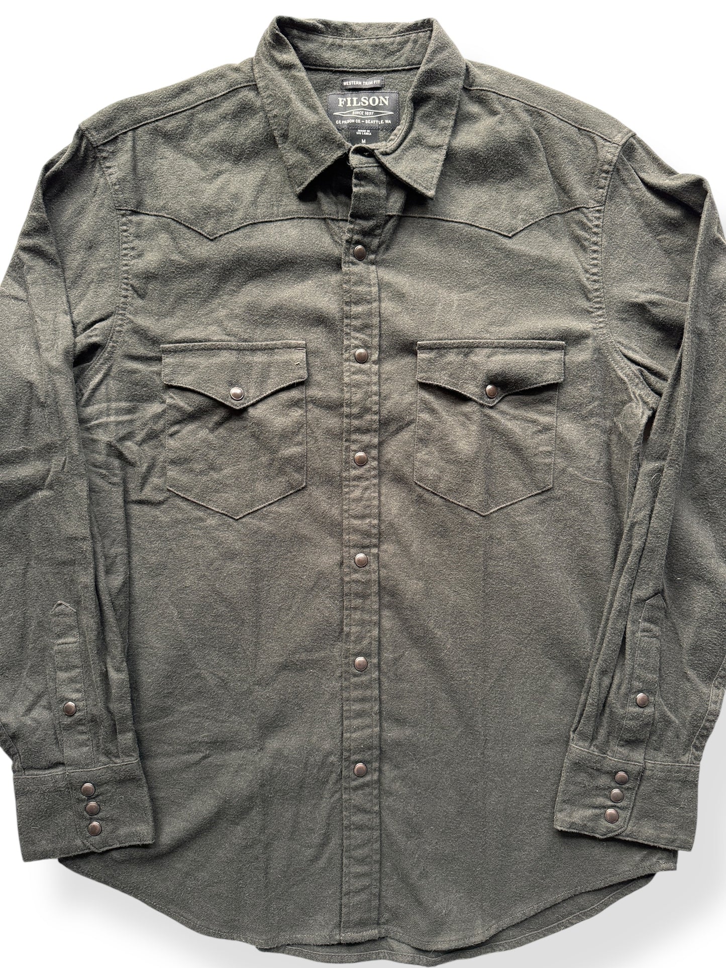 Front Close Up of Filson Faded Black Western Flannel Shirt SZ M