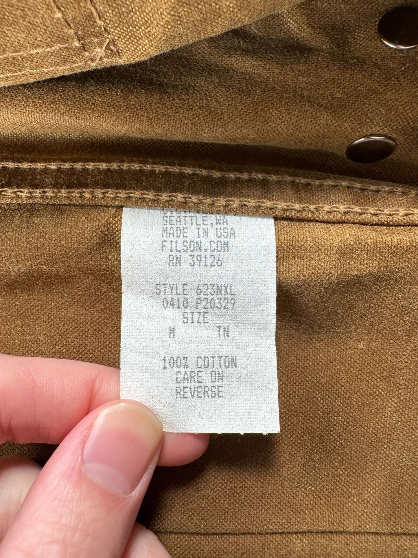 Tag on Filson Tin Cloth Jacket SZ M XLong