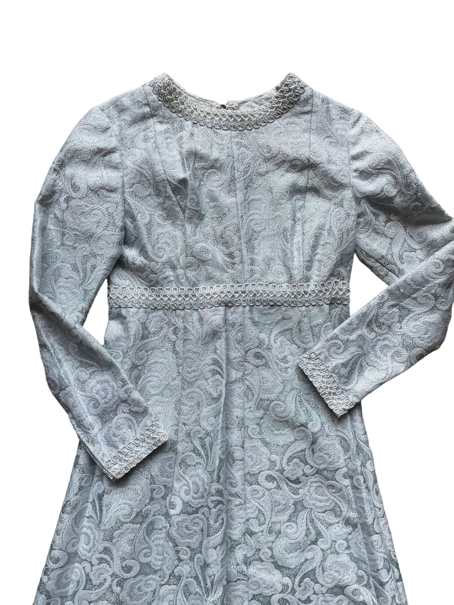 Front chest view of Vintage 1960s Silver Maxi Dress SZ S |  Barn Owl Ladies Vintage | Seattle Vintage 1960s Dresses