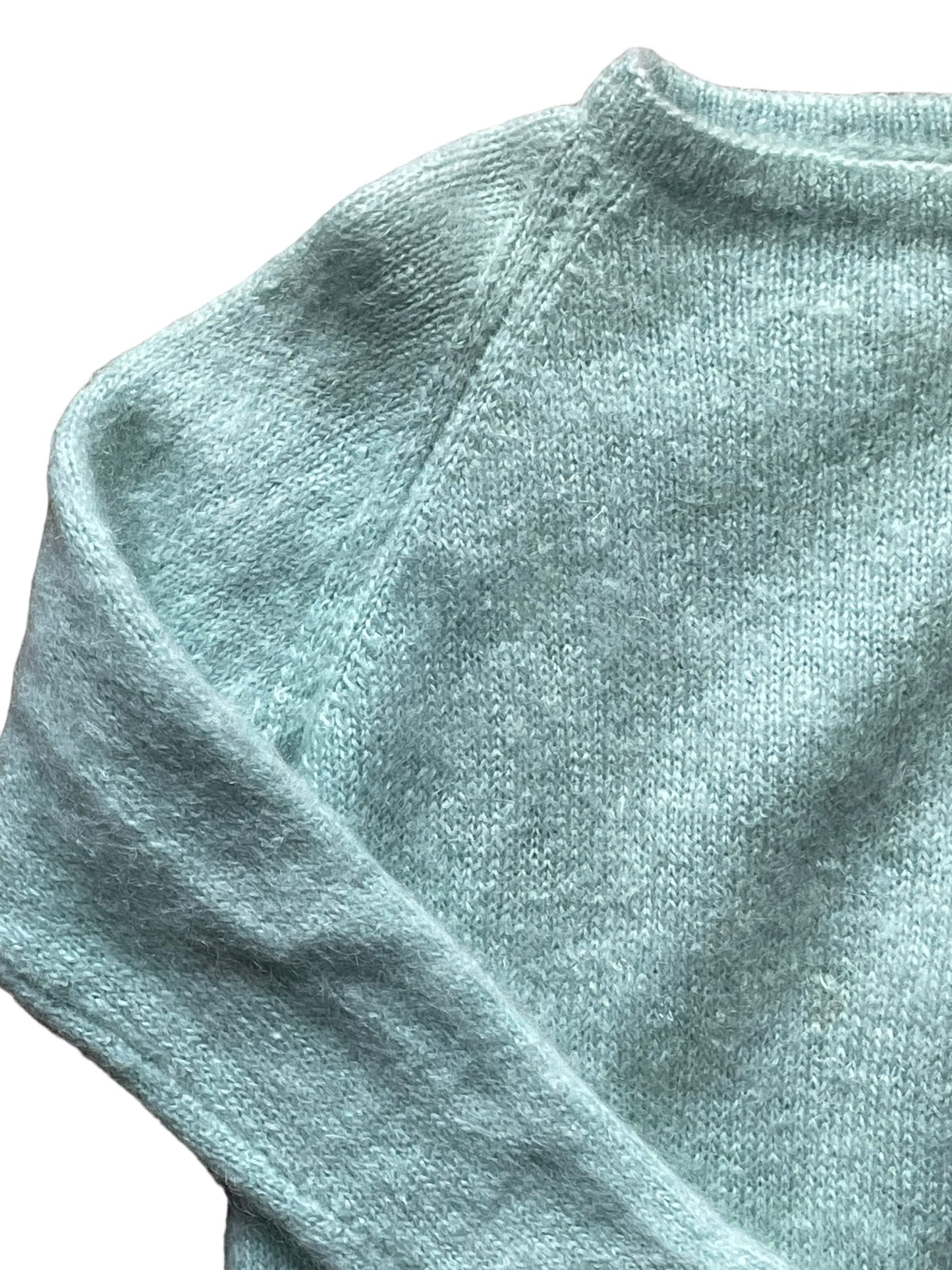 Front right shoulder view of Vintage Mint Mohair Sweater SZ L | Seattle Ladies Vintage Sweaters | Barn Owl Vintage