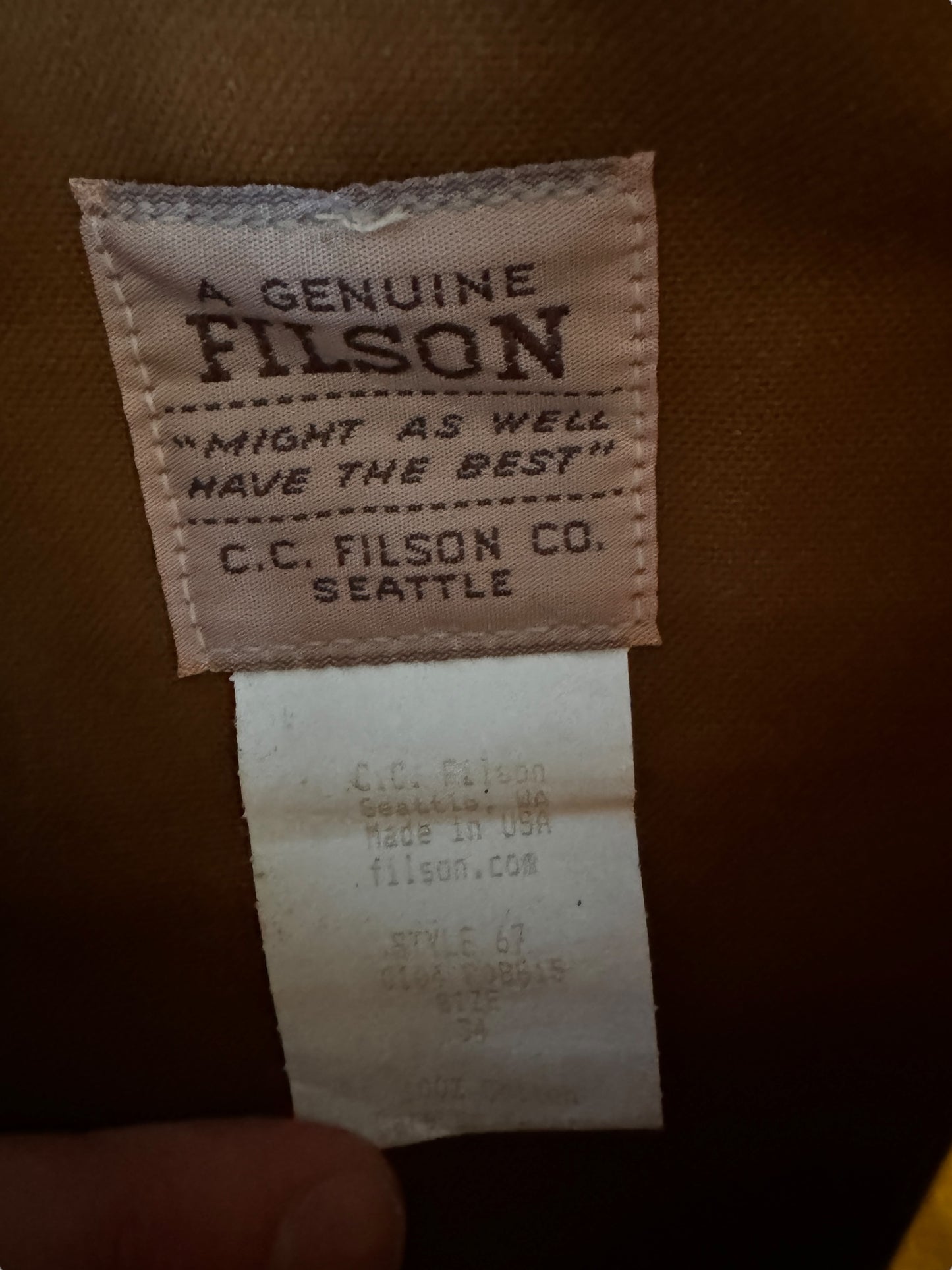 tag on Filson Style 67 Double Tin Oil Trousers W34x27