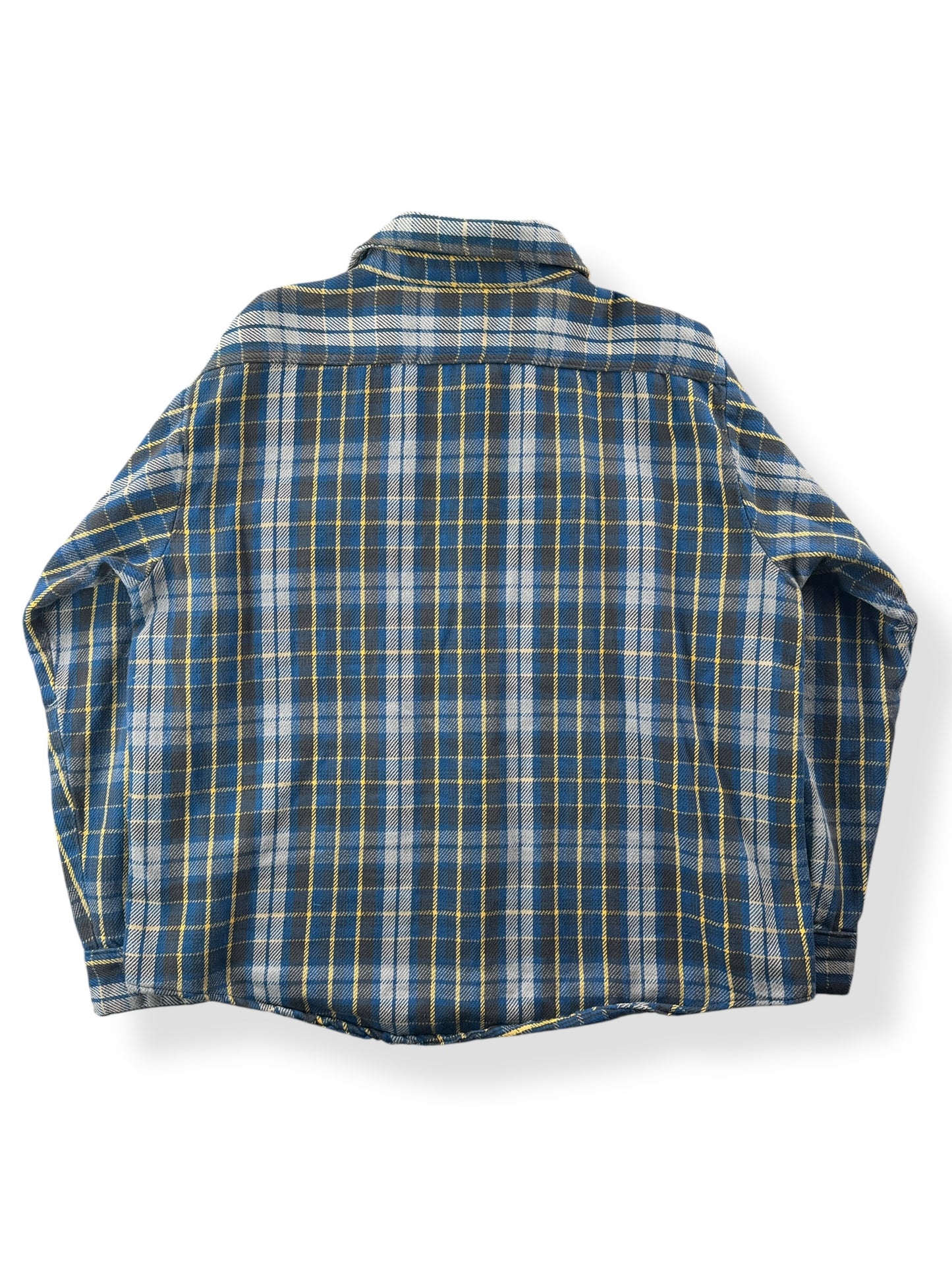 Back of Vintage Mr Leggs Blue Yellow Cotton Flannel SZ XL