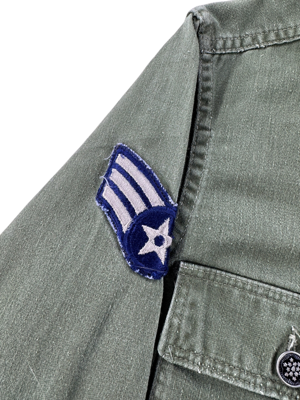 Patch on sleeve of Vintage 13 Star Button Fatigue Shirt SZ S