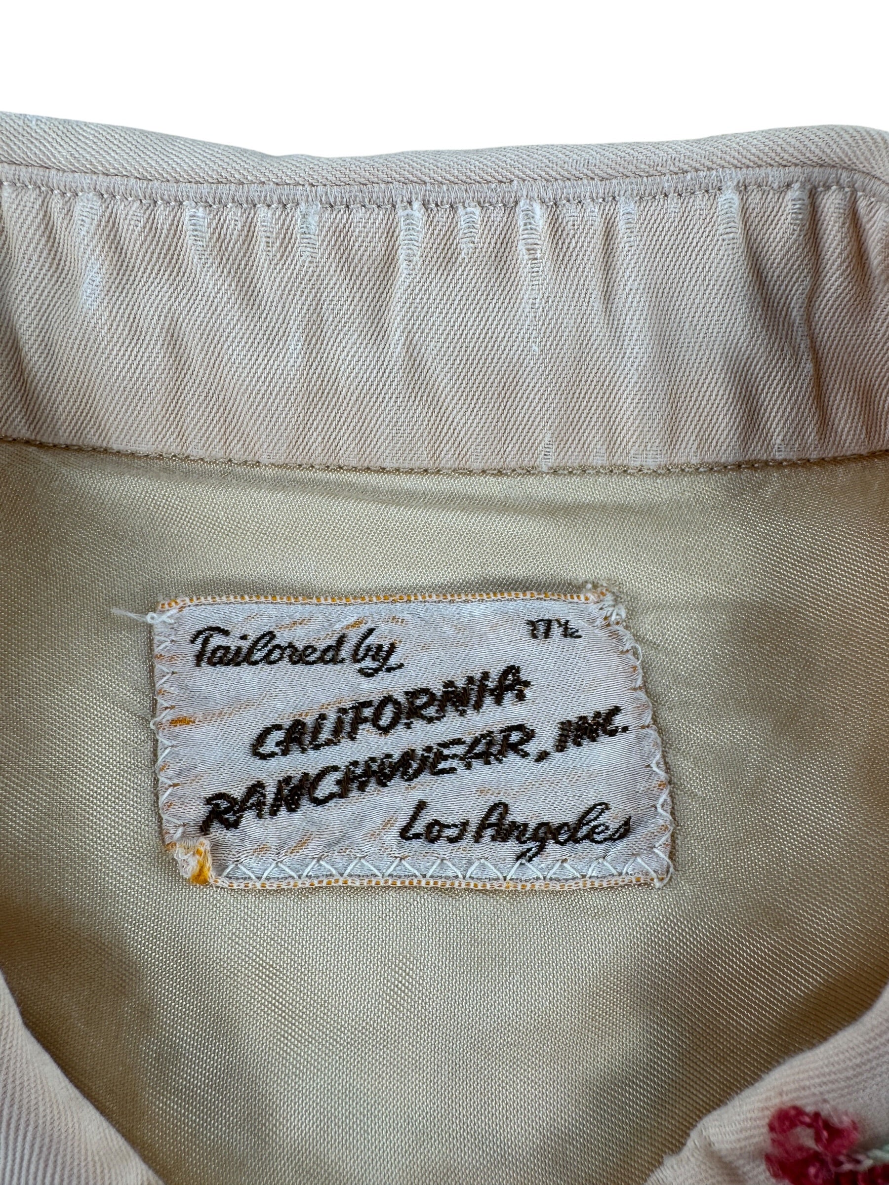 Label on Vintage California Ranchwear Rayon Gabardine Embroidered Pearl Snap SZ XL