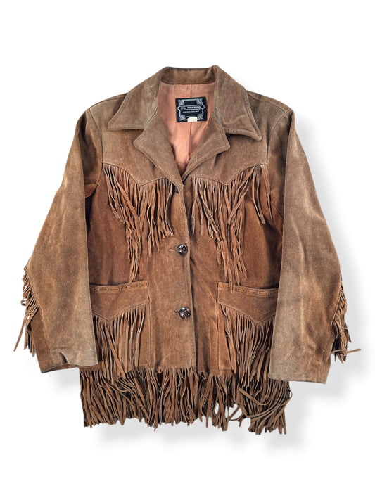 Front of Vintage 70s Ms Pioneer Fringe Suede Leather Jacket SZ 14