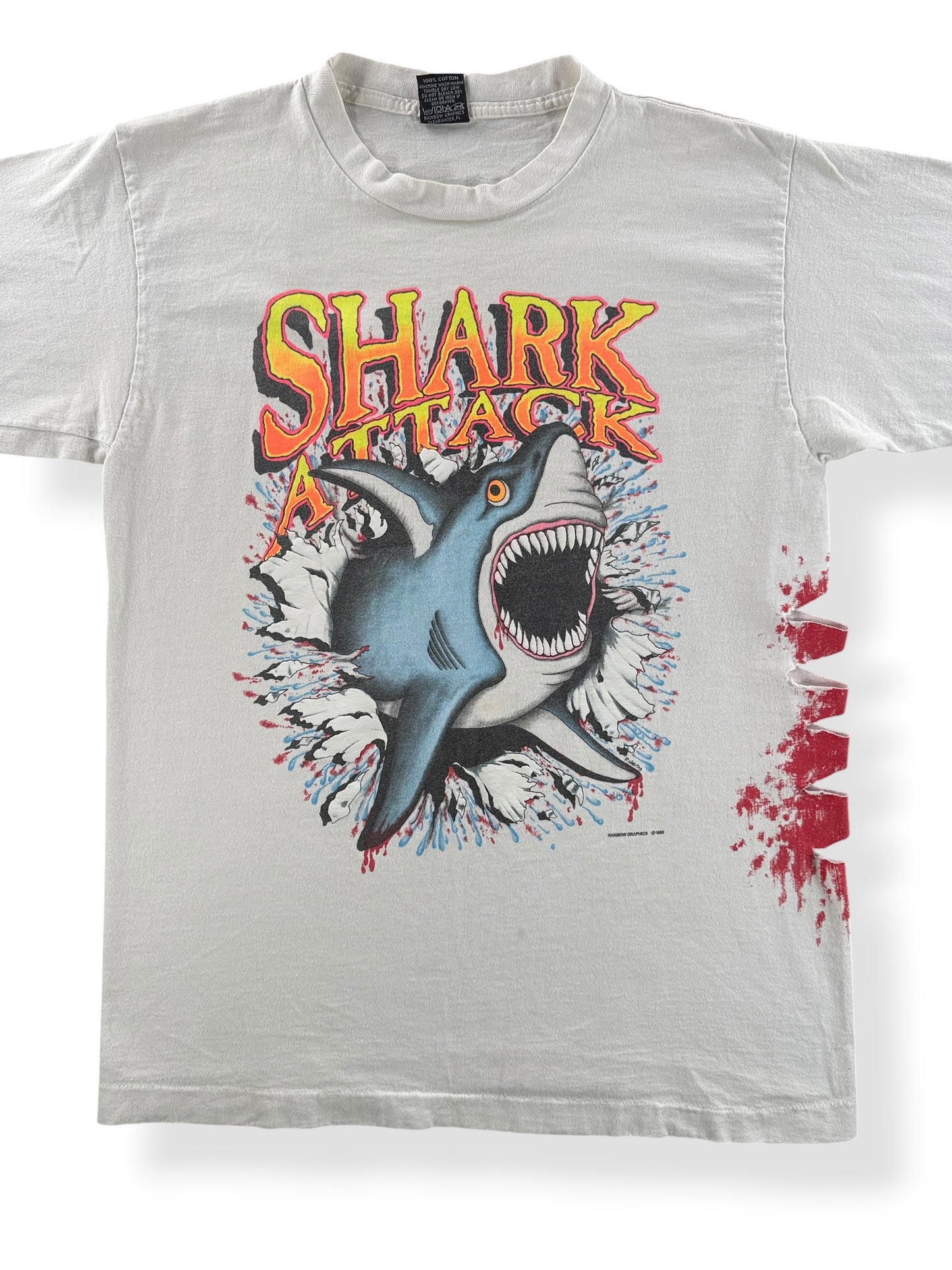 Front Close Up of Vintage Friday Harbor Shark Attack Tee SZ L (Fits M)