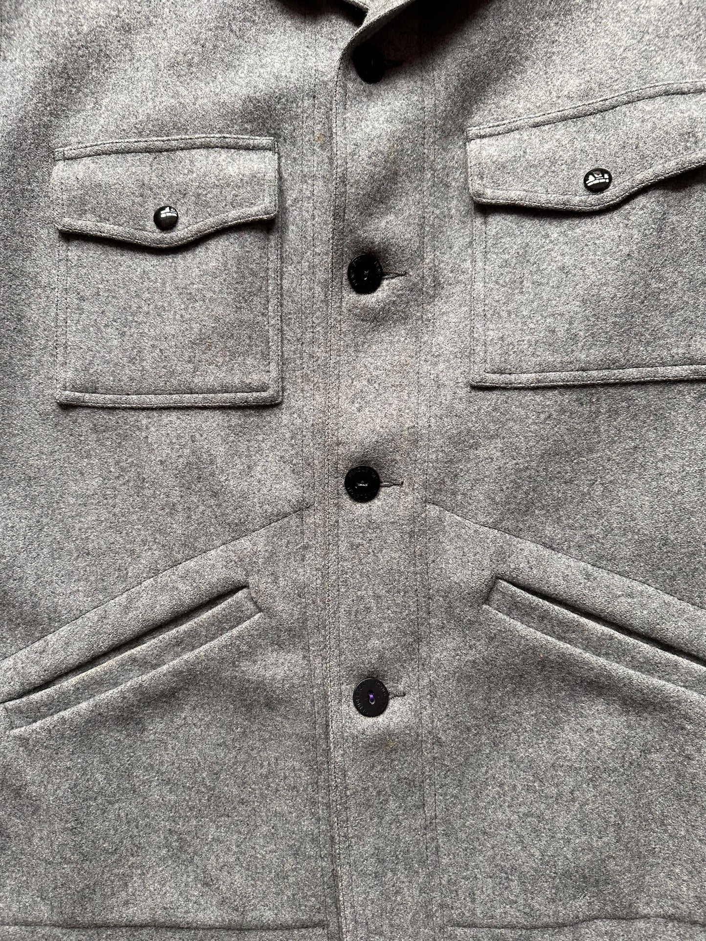 Front Chest Close Up View of Vintage Grey Pendleton Wool Jacket SZ XXL | Vintage Clothing Seattle | Barn Owl Vintage