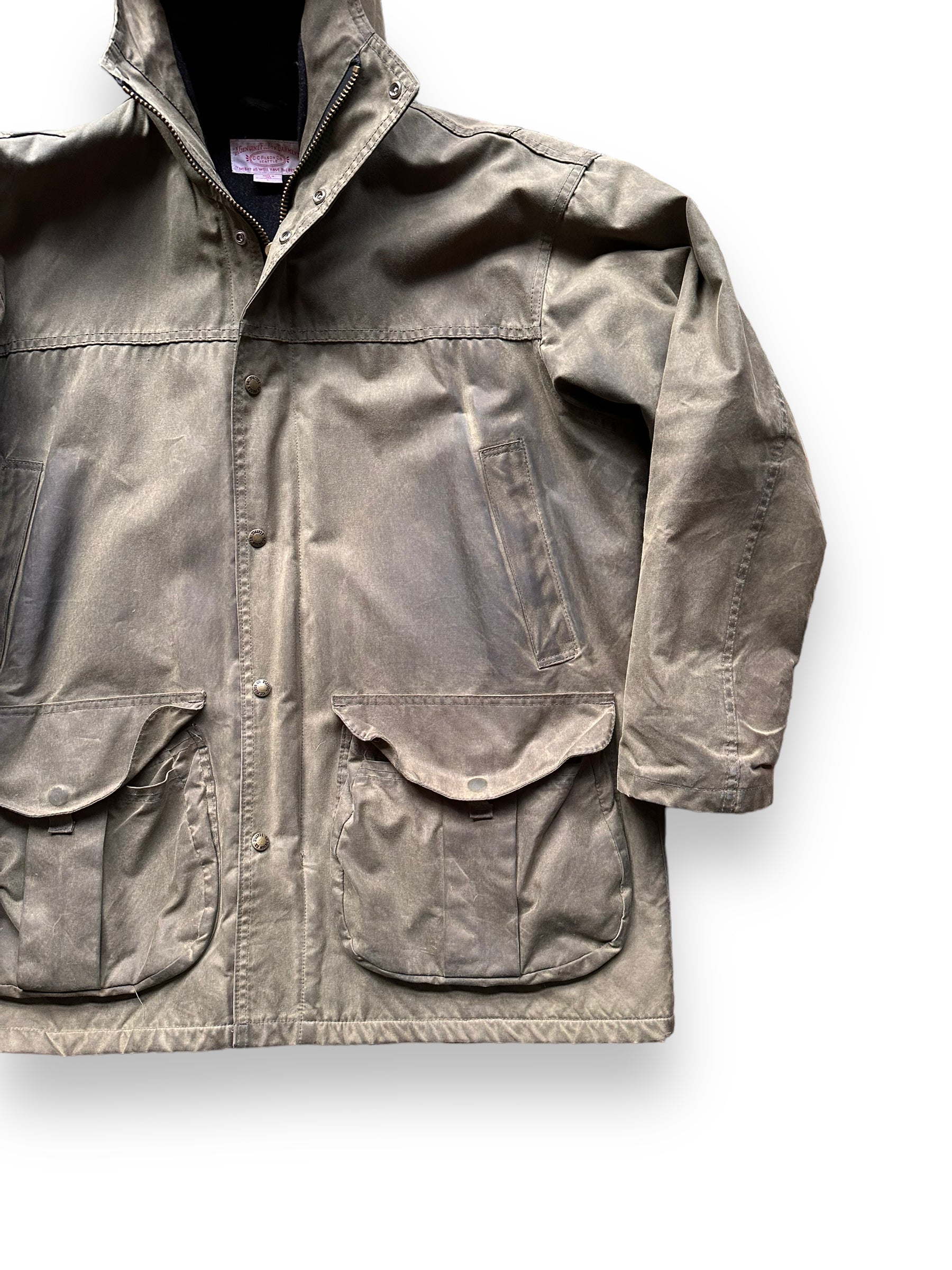 Front Left View of Filson Foothills Parka SZ L |  Filson Tin Cloth Jackets Seattle | Barn Owl Vintage Clothing Seattle