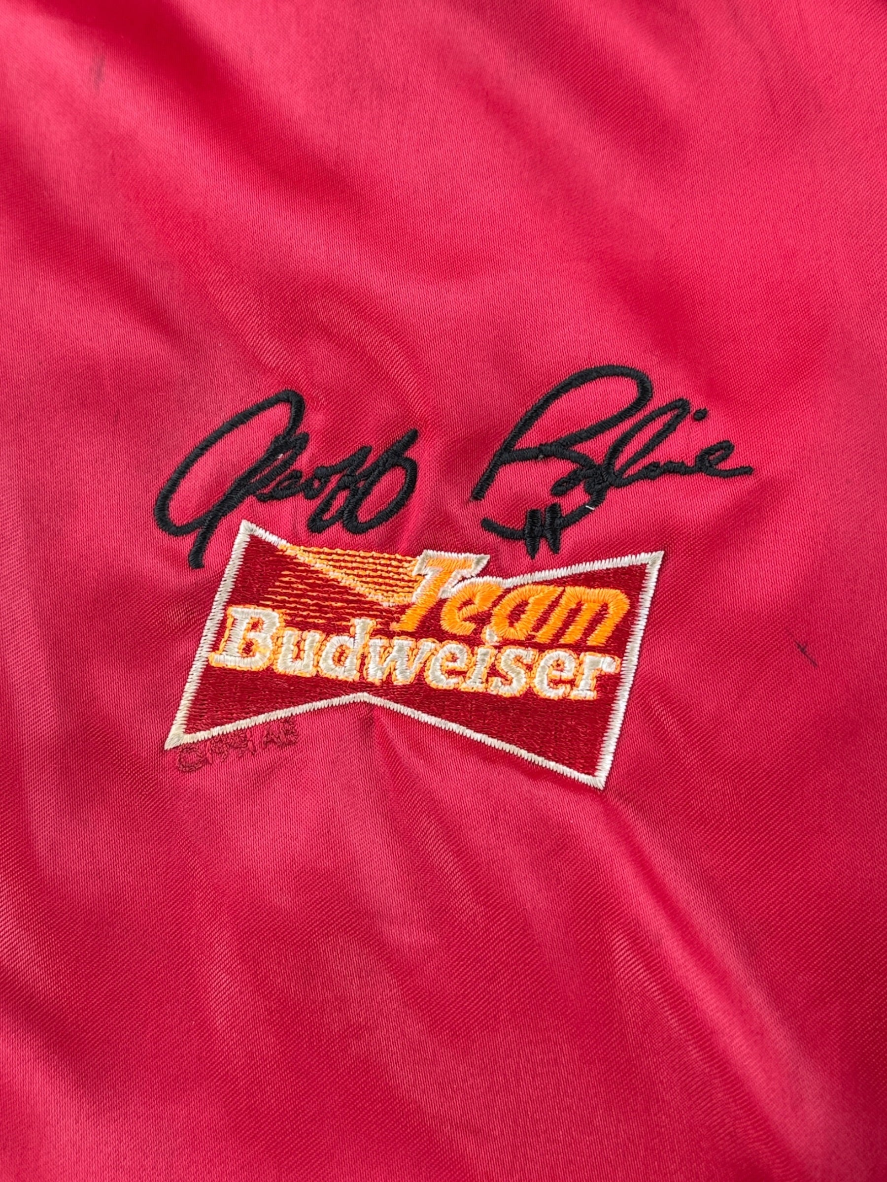 Front embroidery on Vintage Geoff Bodine Team Budweiser Nylon Jacket SZ S - AS IS