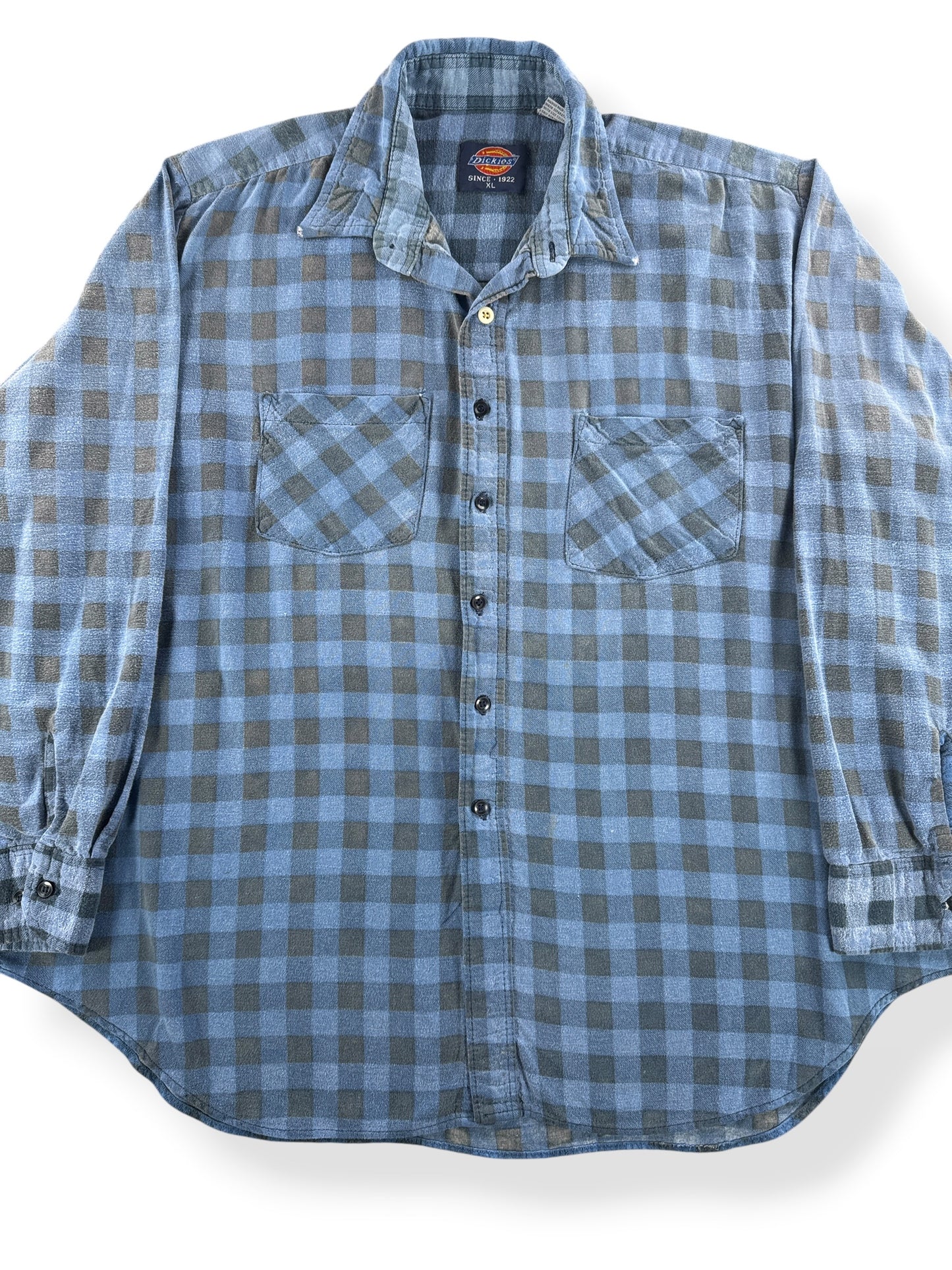 Front Close Up of Vintage Dickies Faded Blue Printed Cotton Flannel SZ XL