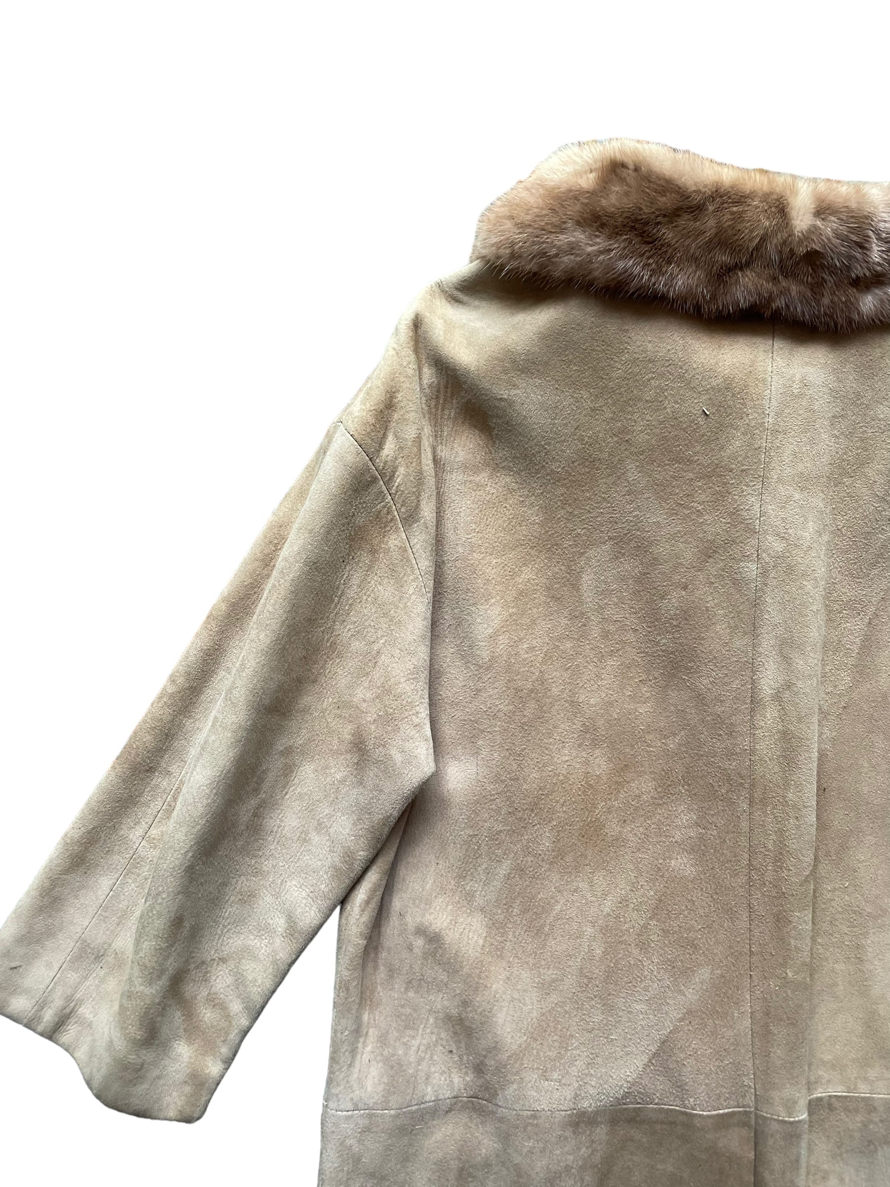 Back left shoulder view of Vintage 1960s Suede Coat with Mink Collar SZ M-L | Seattle True Vintage | Barn Owl Vintage Coats