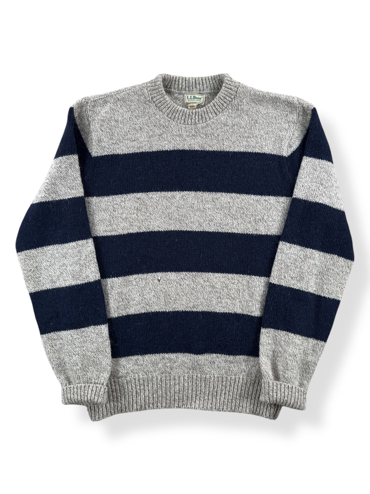 Front of Vintage L.L. Bean Blue Striped Ragg Wool Blend Sweater SZ M Long