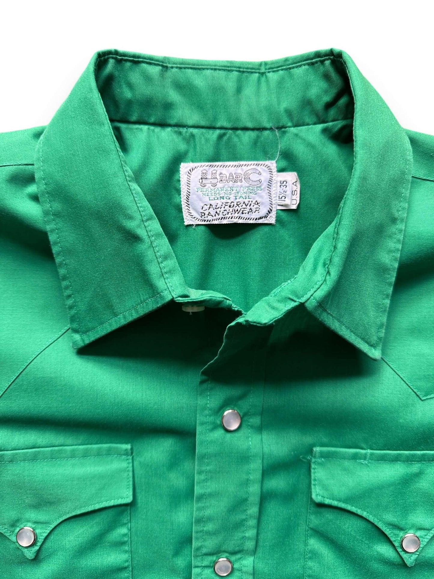 Tag View of Vintage “H Bar C” Green Pearl Snap Western Shirt SZ 15 1/2