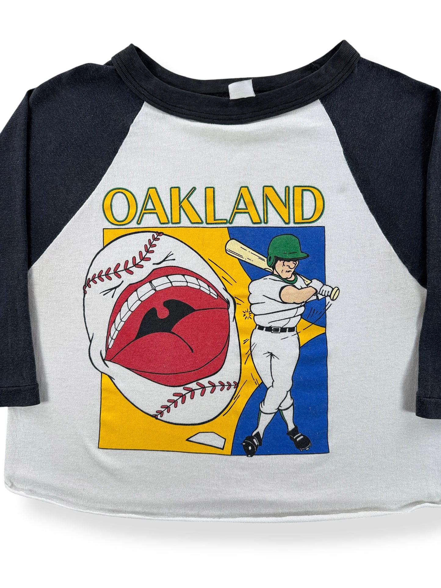 Front Close Up of Vintage Oakland Cropped Baseball Tee SZ M