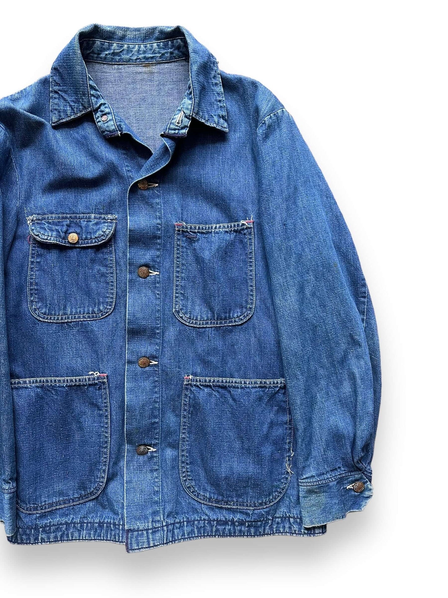 Front Left View of Vintage Blue Bell Denim Chore Coat SZ SM | Vintage Denim Chore Coat