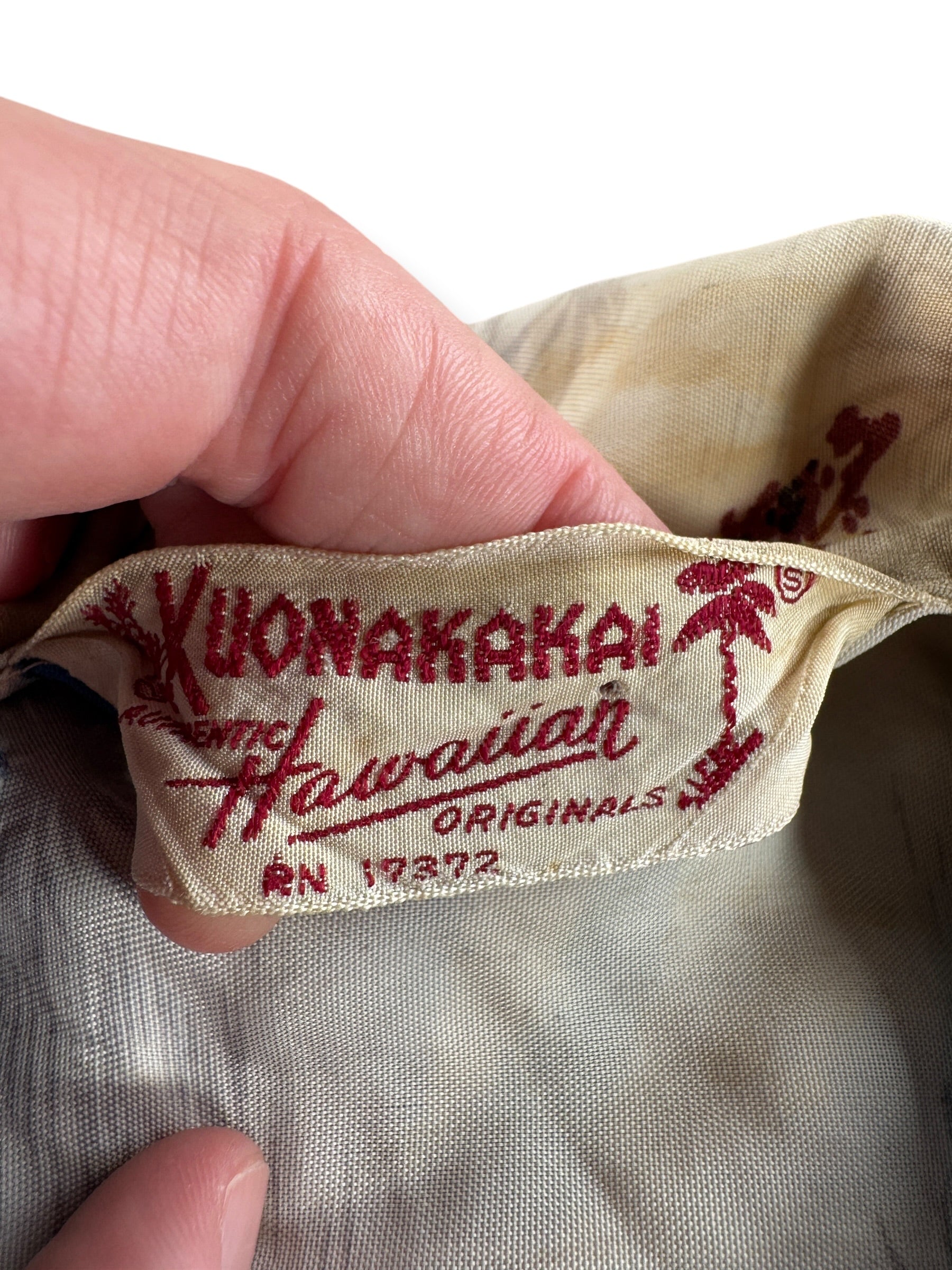Tag on Vintage Kuonakakai Aloha Shirt SZ S AS IS