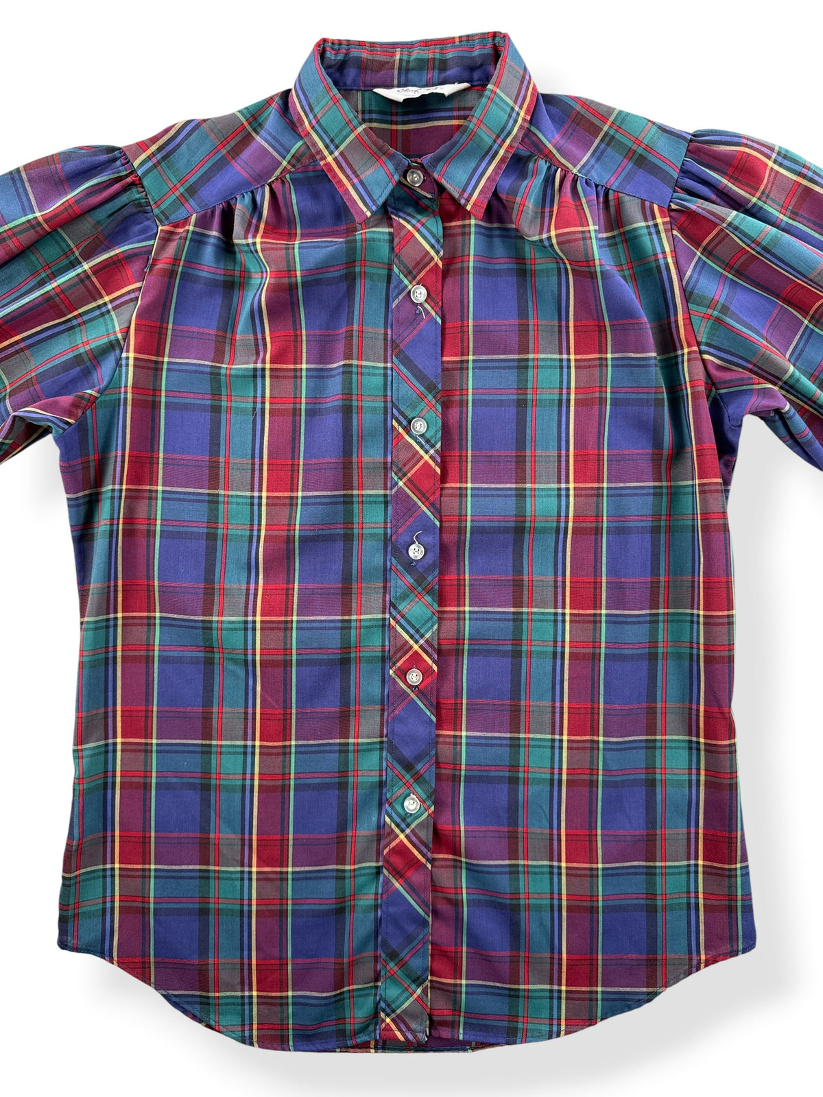 Close-up of Vintage Cheryl Tiegs Plaid Puff Sleeve Blouse SZ 10