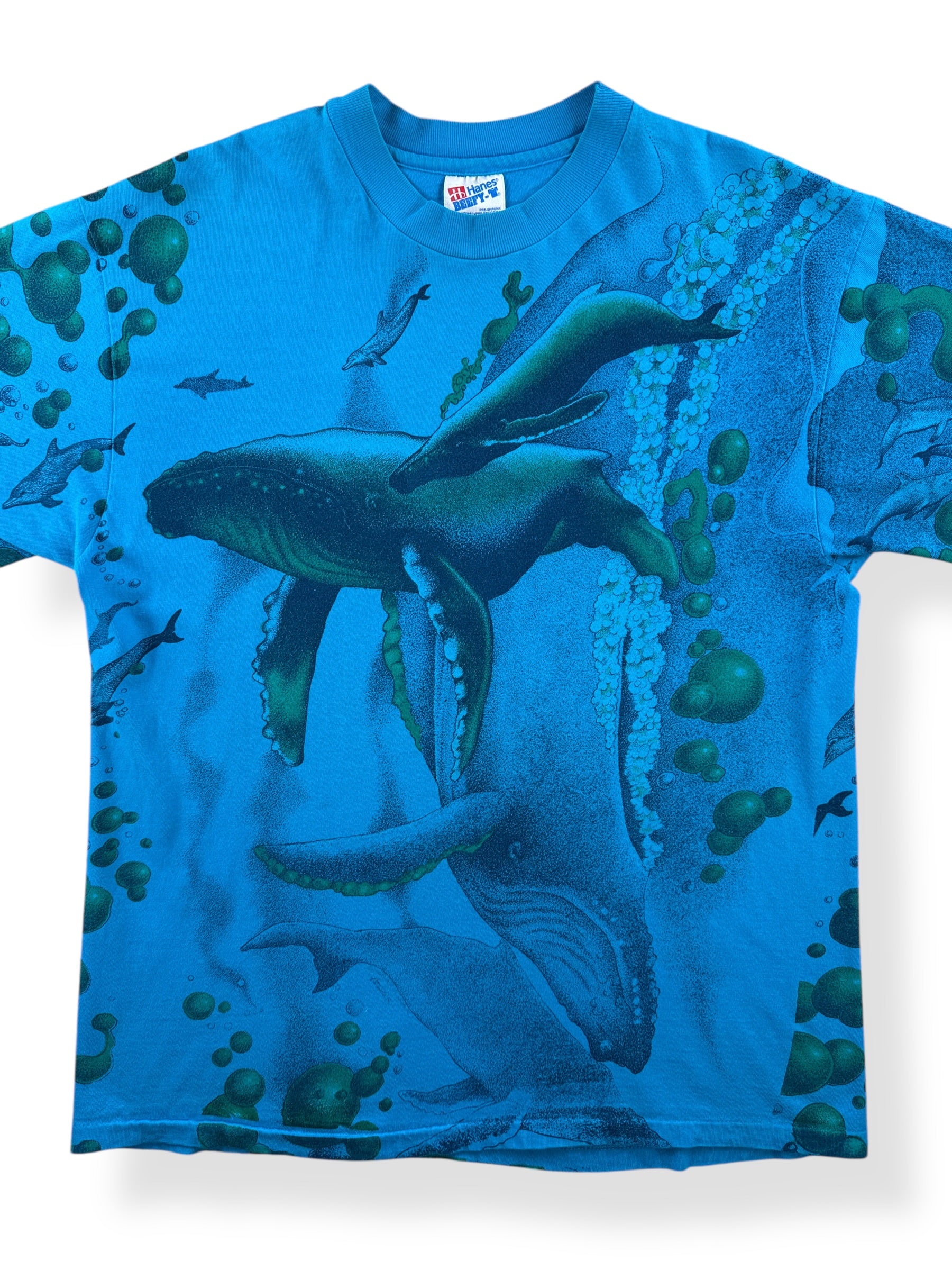 Front Close Up of Vintage Humpback Whale AOP Tee SZ L