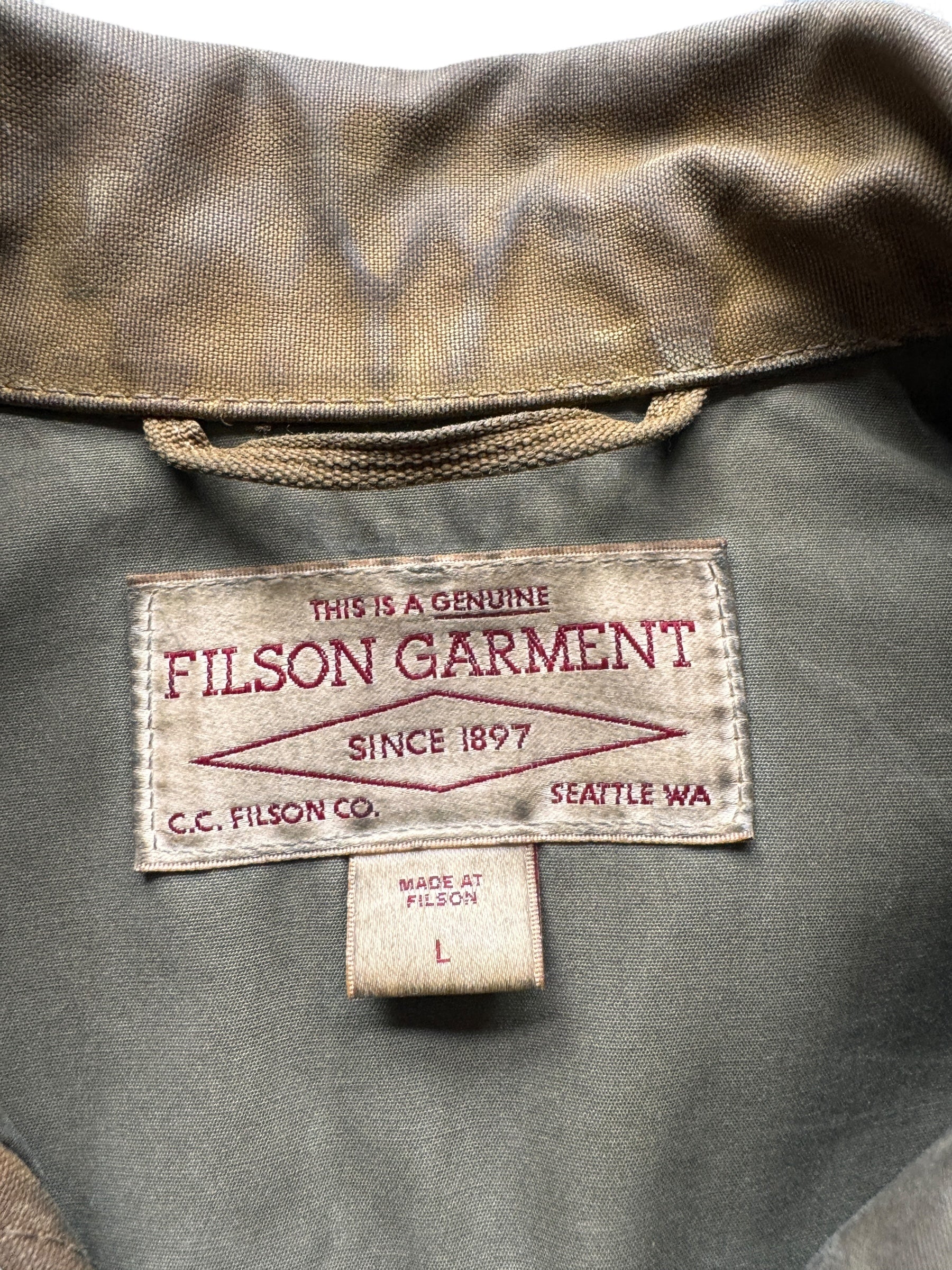 Label on Repaired Filson Tin Cloth Short Lined Cruiser SZ L