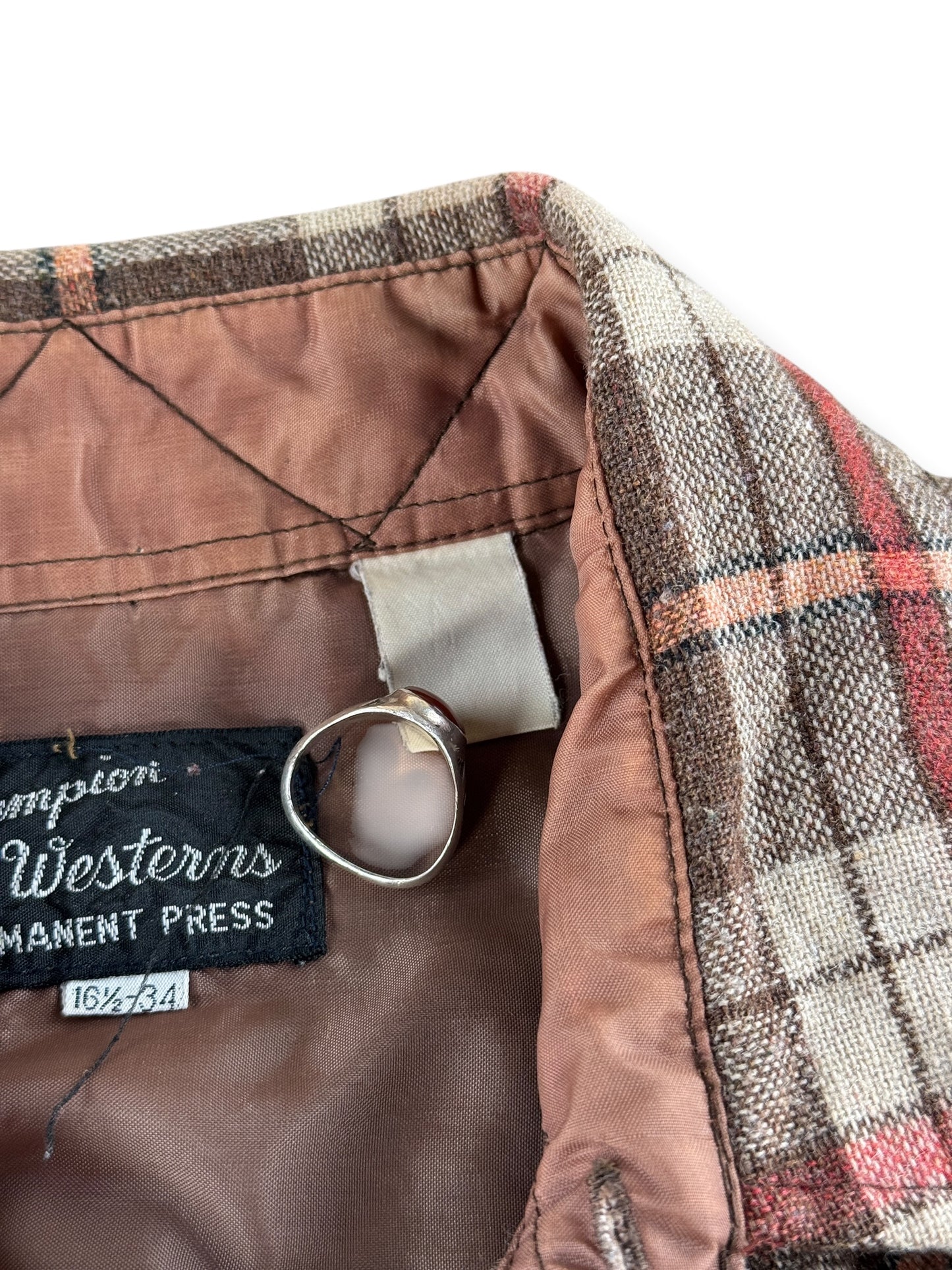 Faded third tag on Vintage Champion Westerns Wool Flannel Pearlsnap SZ 16 1/2 - AS IS