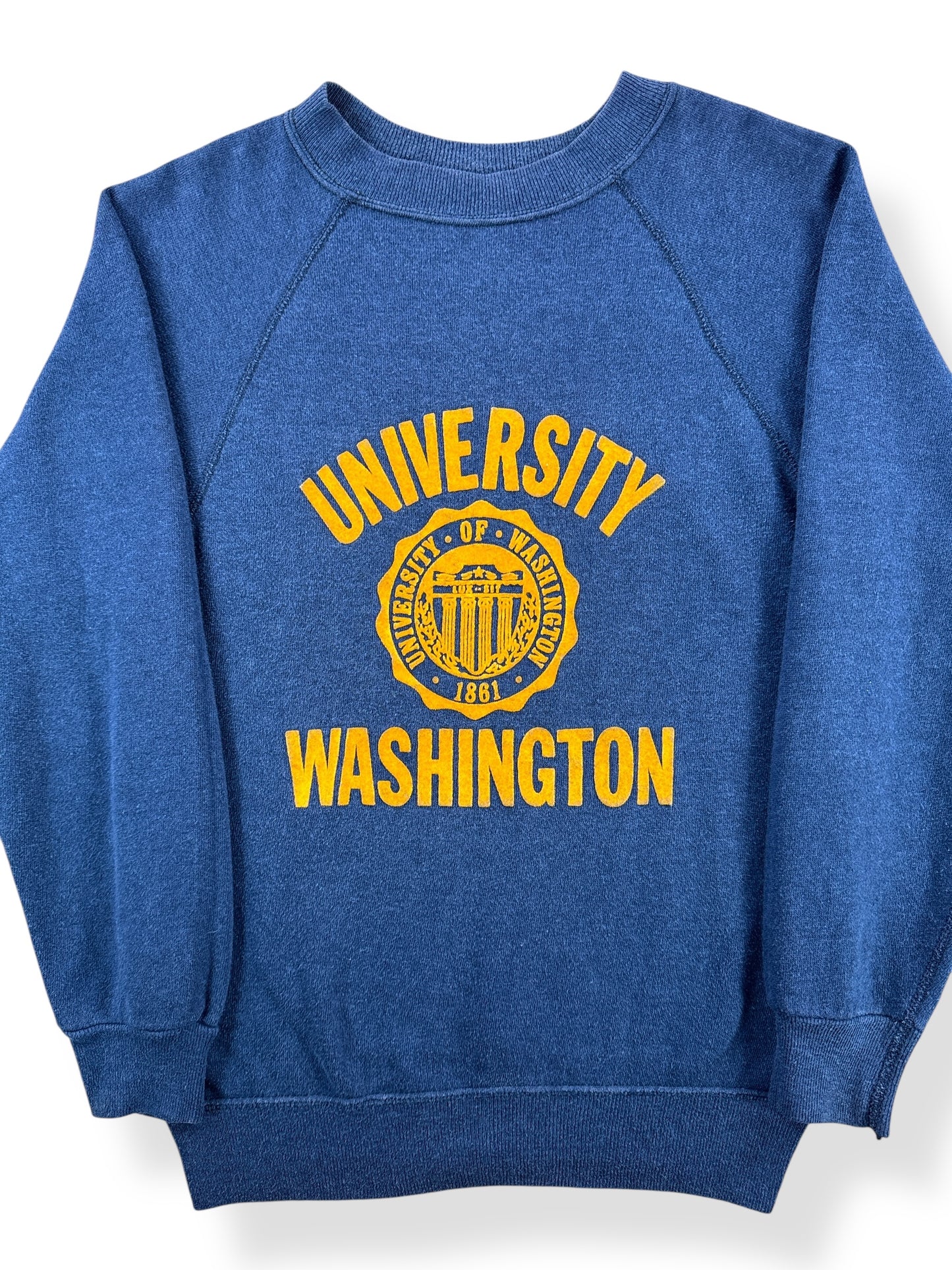 Front Close Up of Vintage Flocked University of Washington Crewneck SZ XS