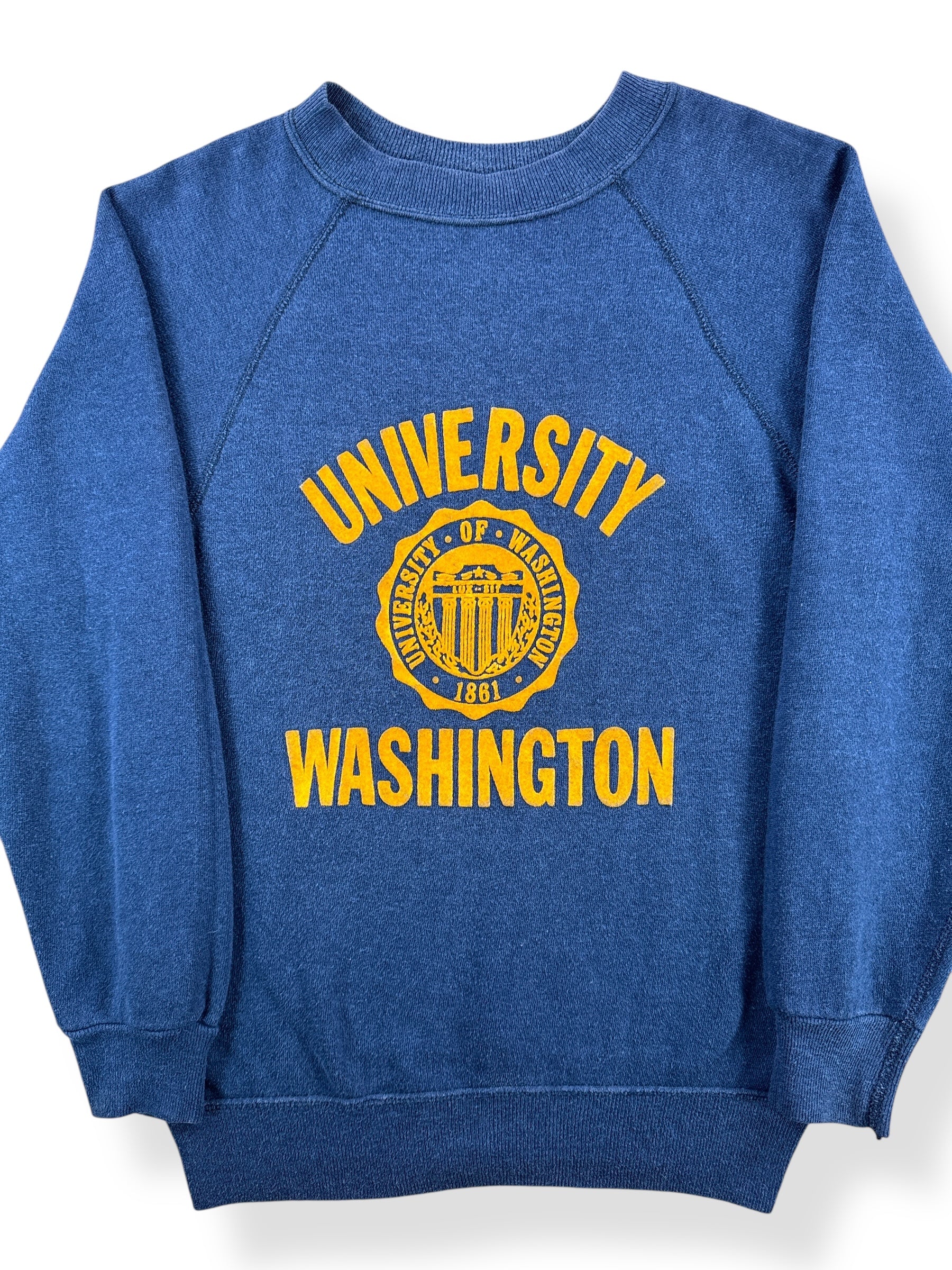 Front Close Up of Vintage Flocked University of Washington Crewneck SZ XS