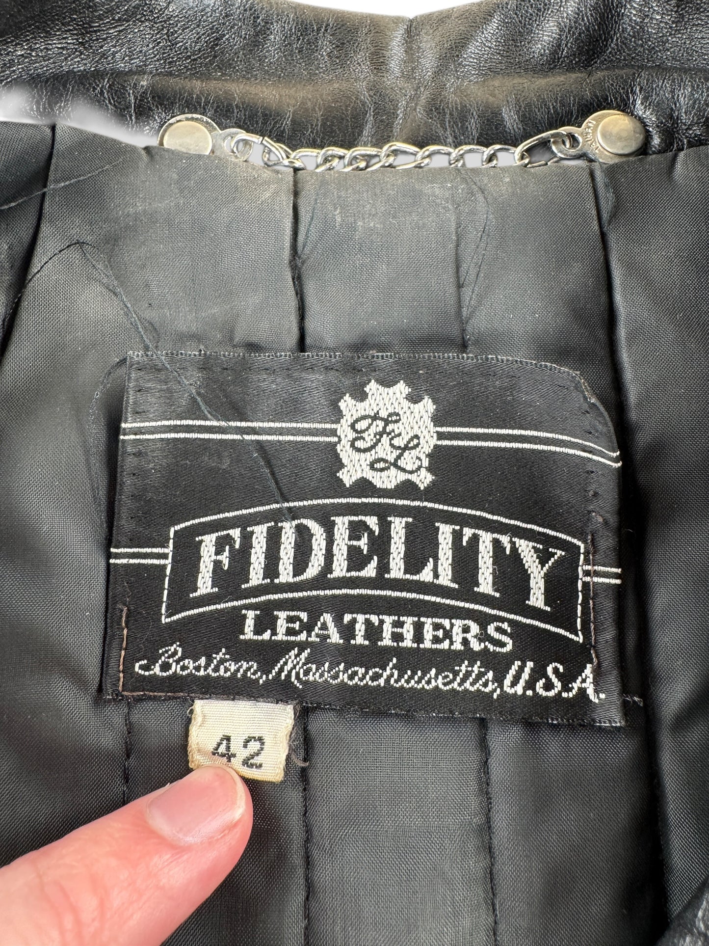 Label on Vintage Fidelity Leathers Biker Jacket SZ 42