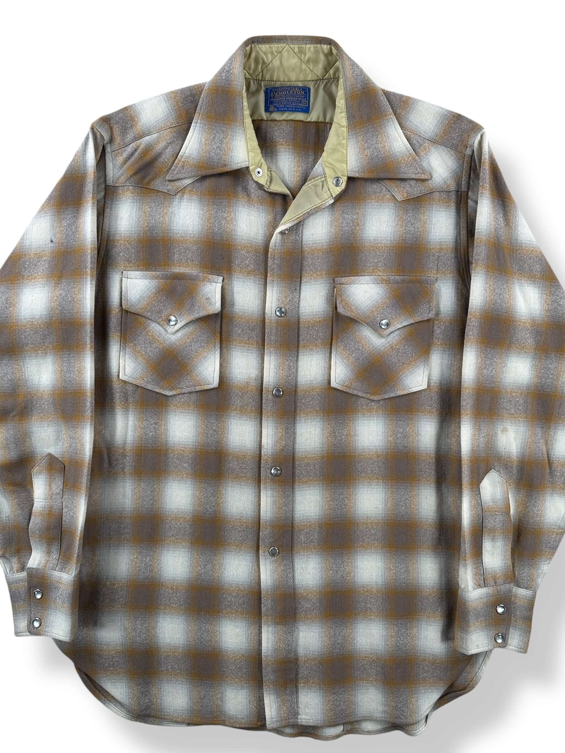 Front Close Up of Vintage Pendleton Beige Shadowplaid Pearlsnap Flannel SZ M AS IS