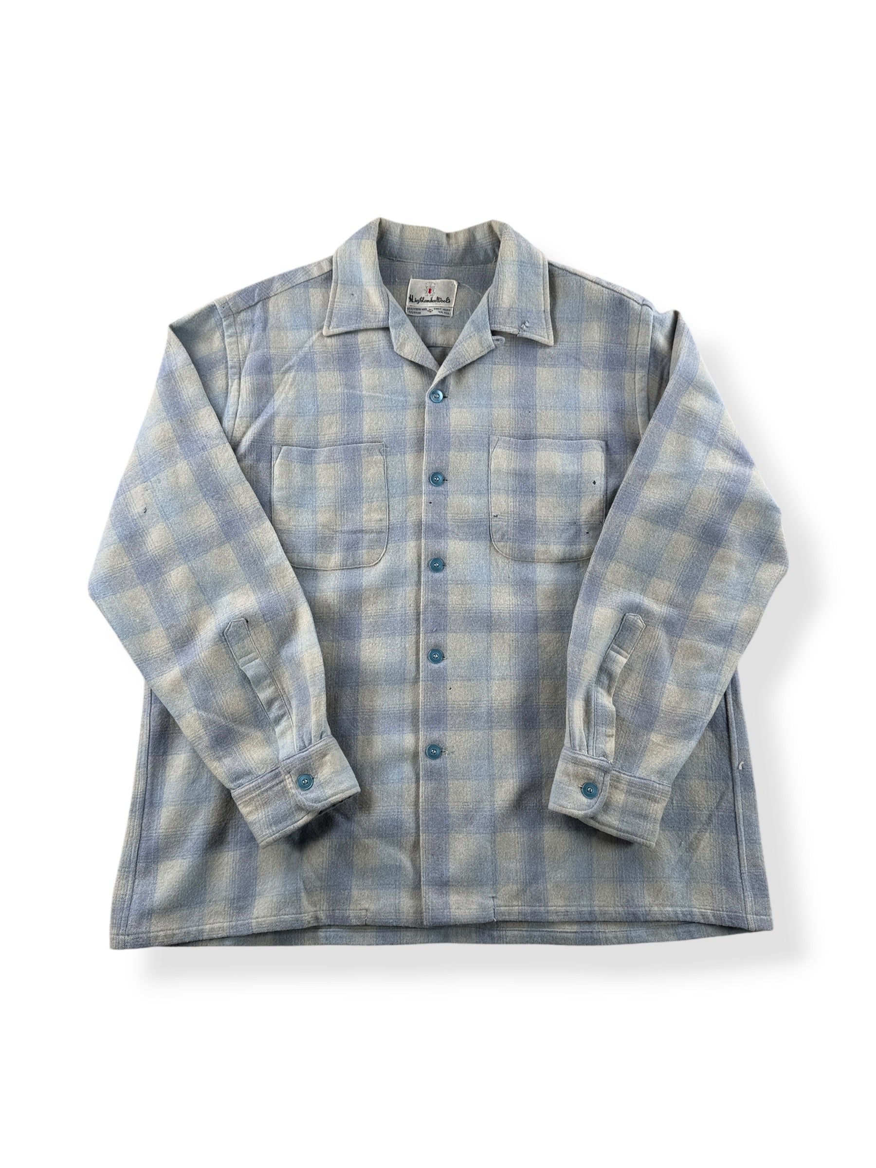 Front of Vintage Highlander Woolen Mills Blue Plaid Flannel SZ L - AS IS