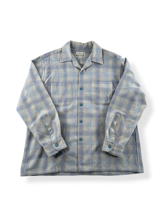 Front of Vintage Highlander Woolen Mills Blue Plaid Flannel SZ L - AS IS