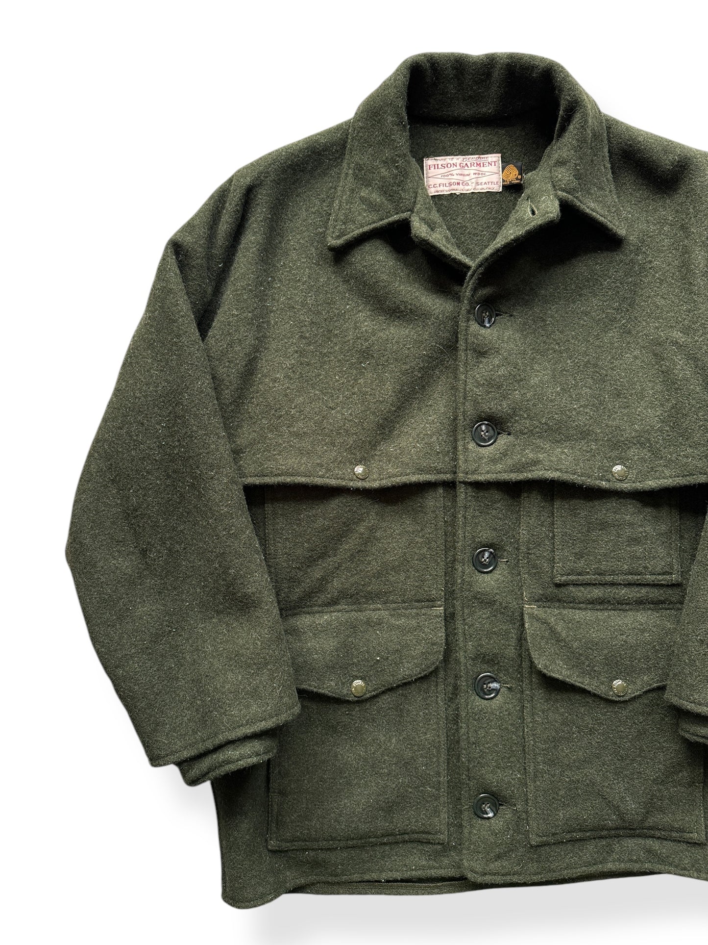 Front Right of Vintage 80s Era Filson Forest Green Double Mackinaw Cruiser SZ 40